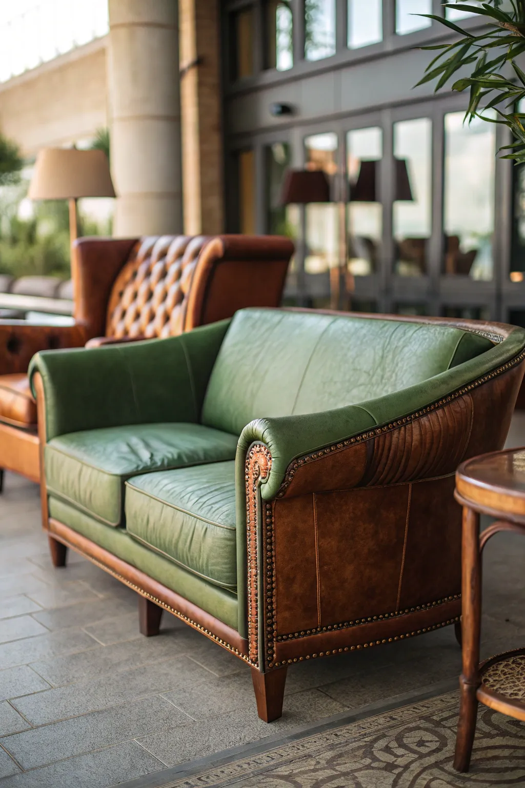 Green Couch with Warm Leather Accent Chairs
