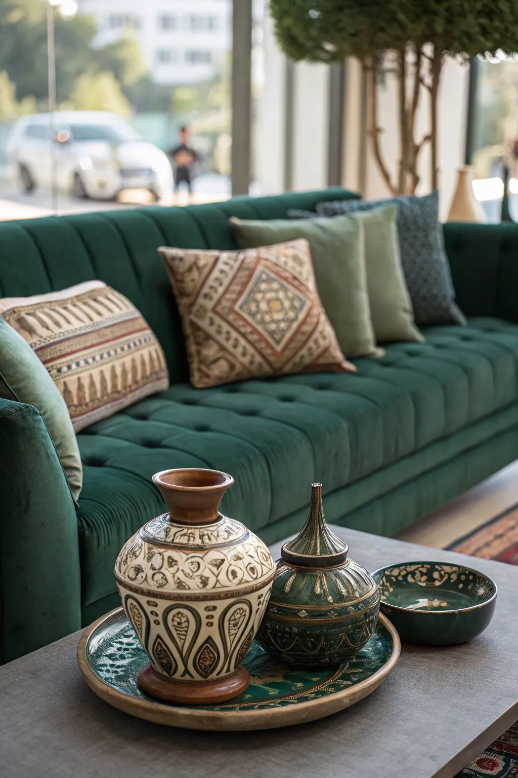 Dark Green Sectional with Stoneware Ceramic Decor
