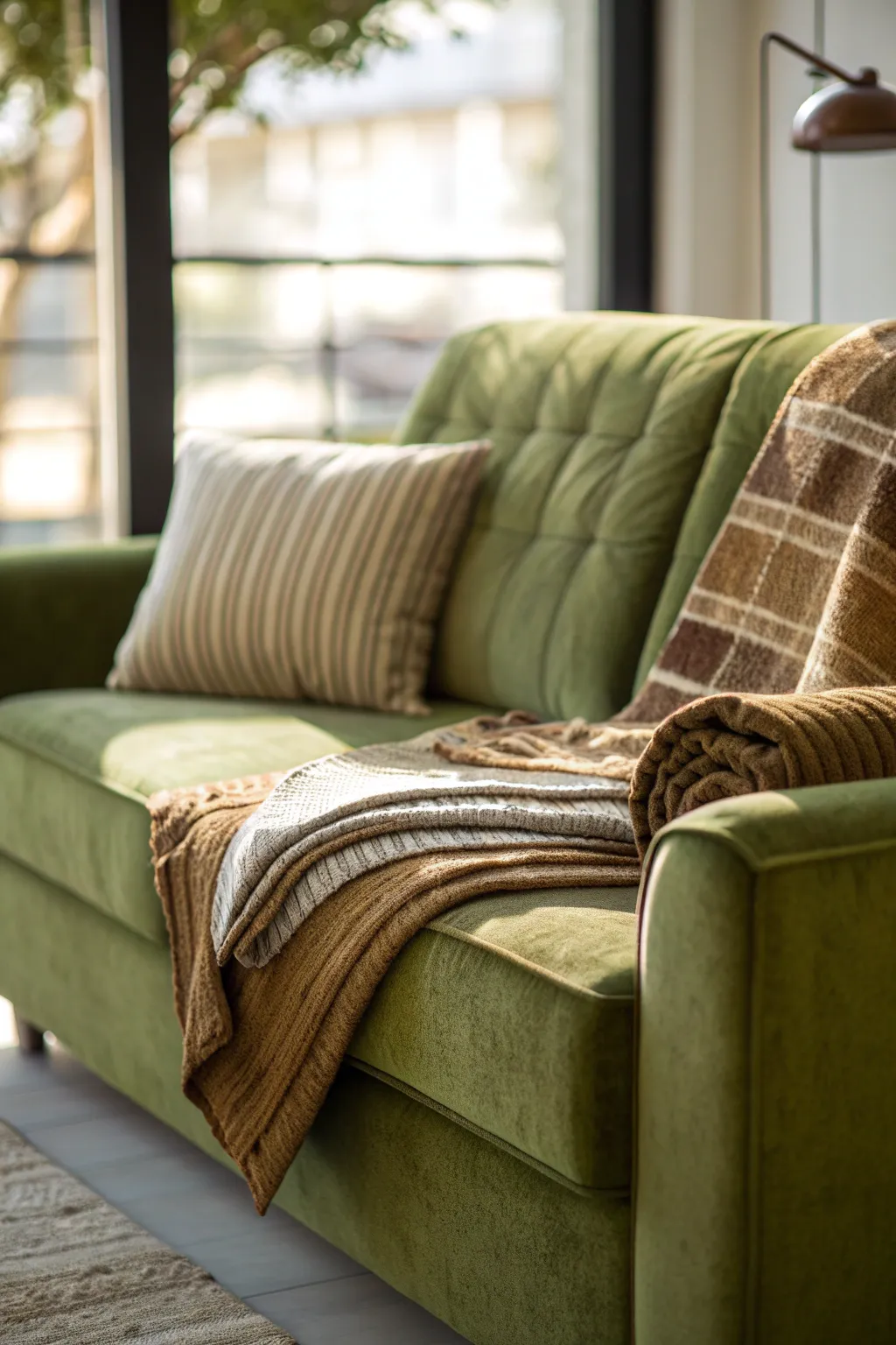 Olive Sofa with Layered Earthy Brown and Beige Textiles