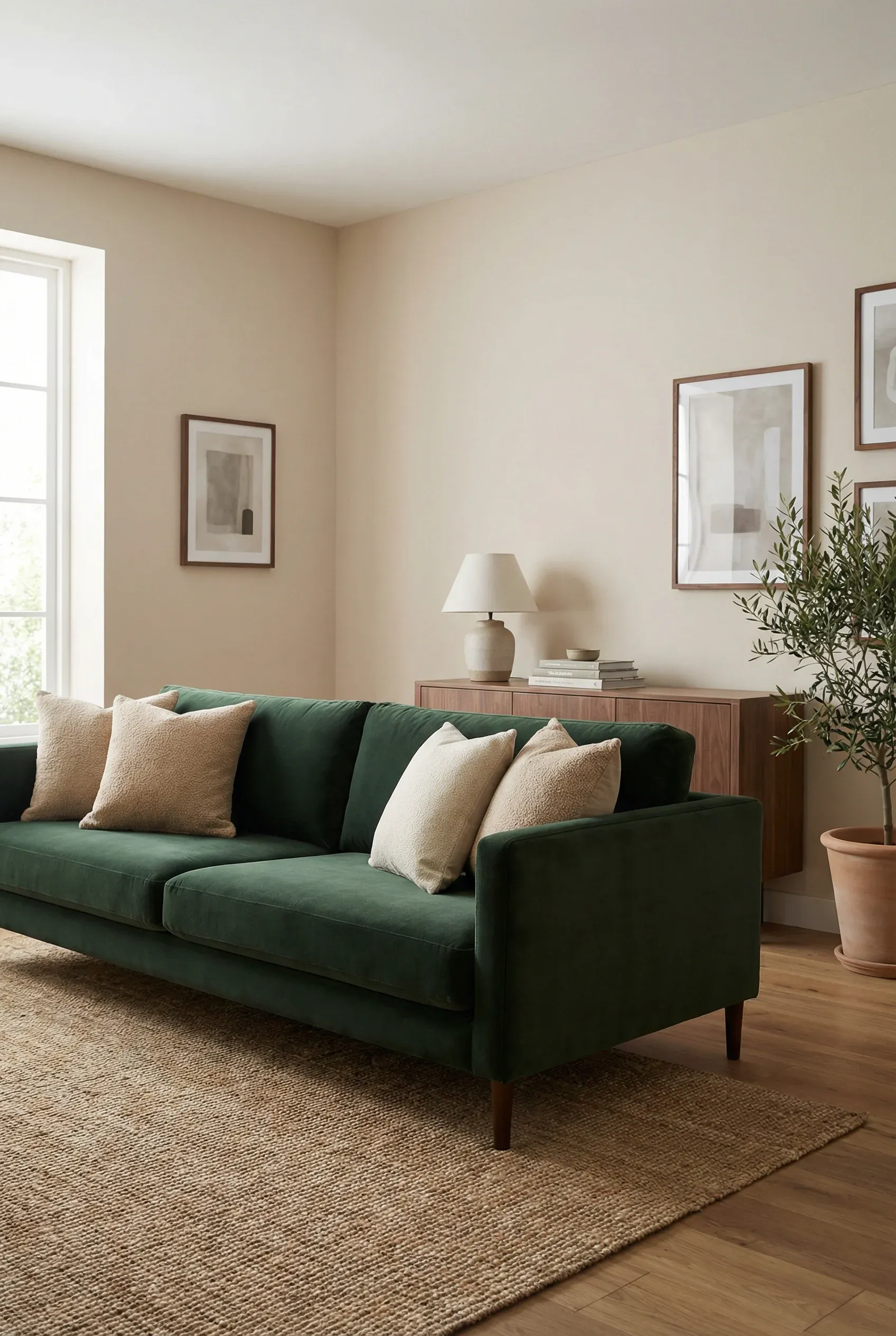 A dark green couch set against soft beige walls with subtle walnut and neutral-toned accents.