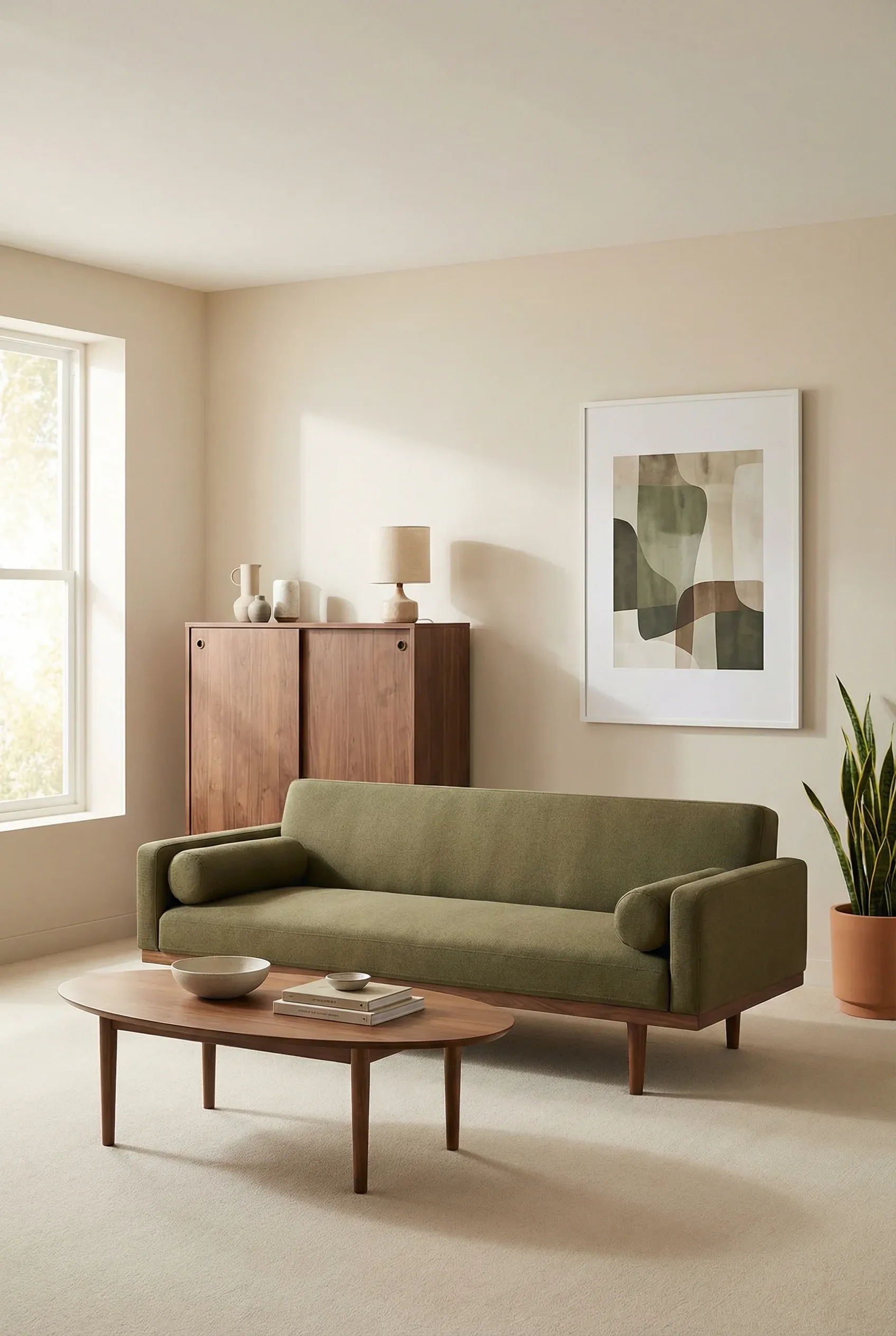 A mid-century living room with a green couch and walnut wood furniture in soft warm lighting.