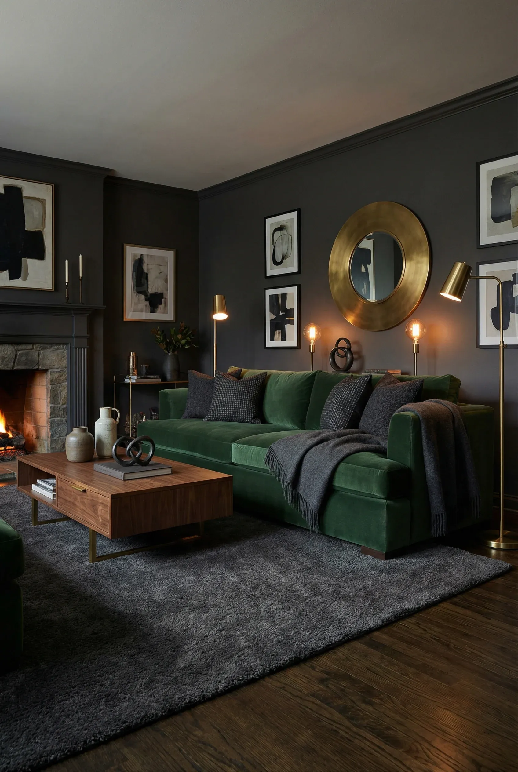 A forest green couch styled with charcoal decor and warm ambient lighting in a moody living room.