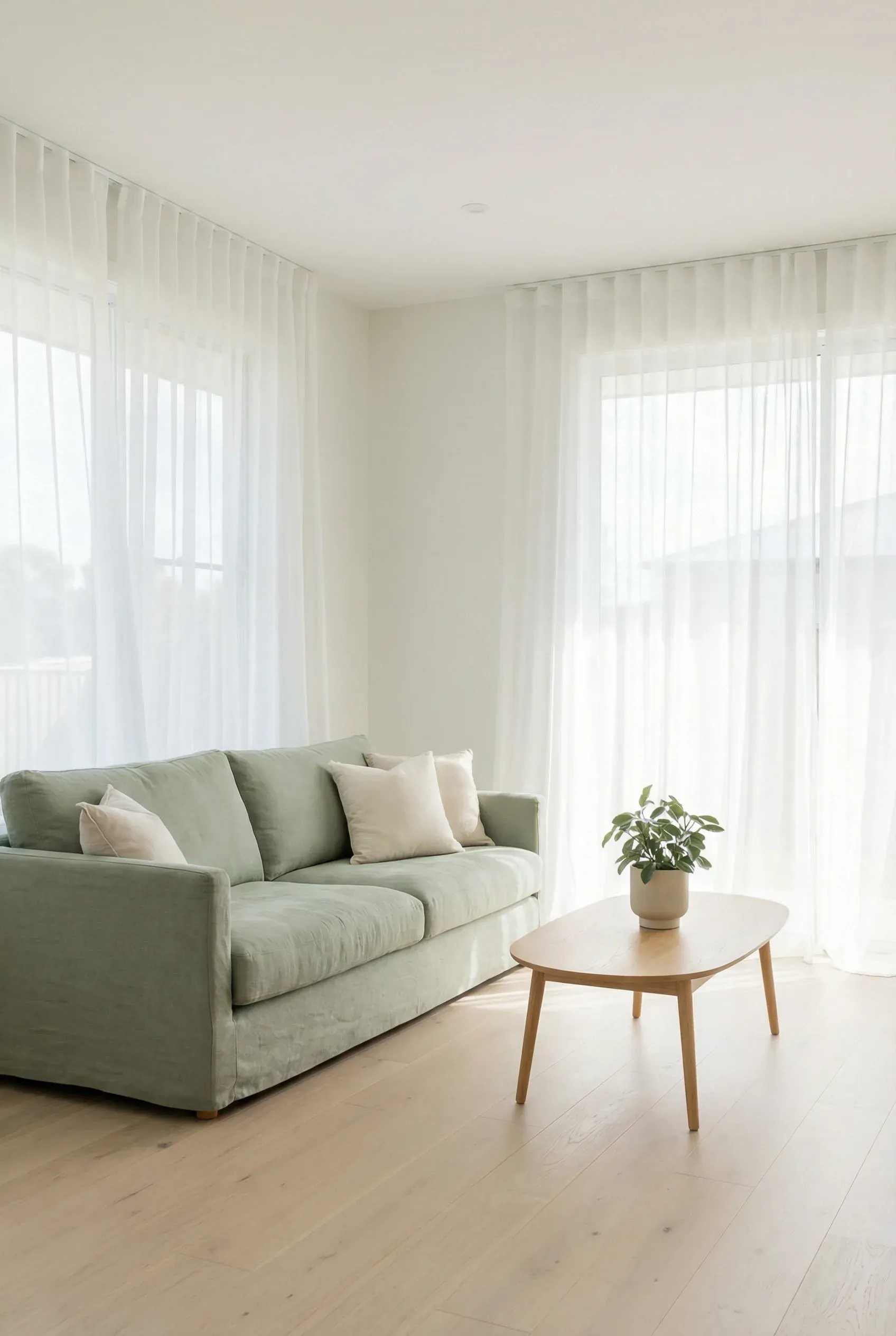 A light green sofa in a bright room with airy white curtains and soft natural light.