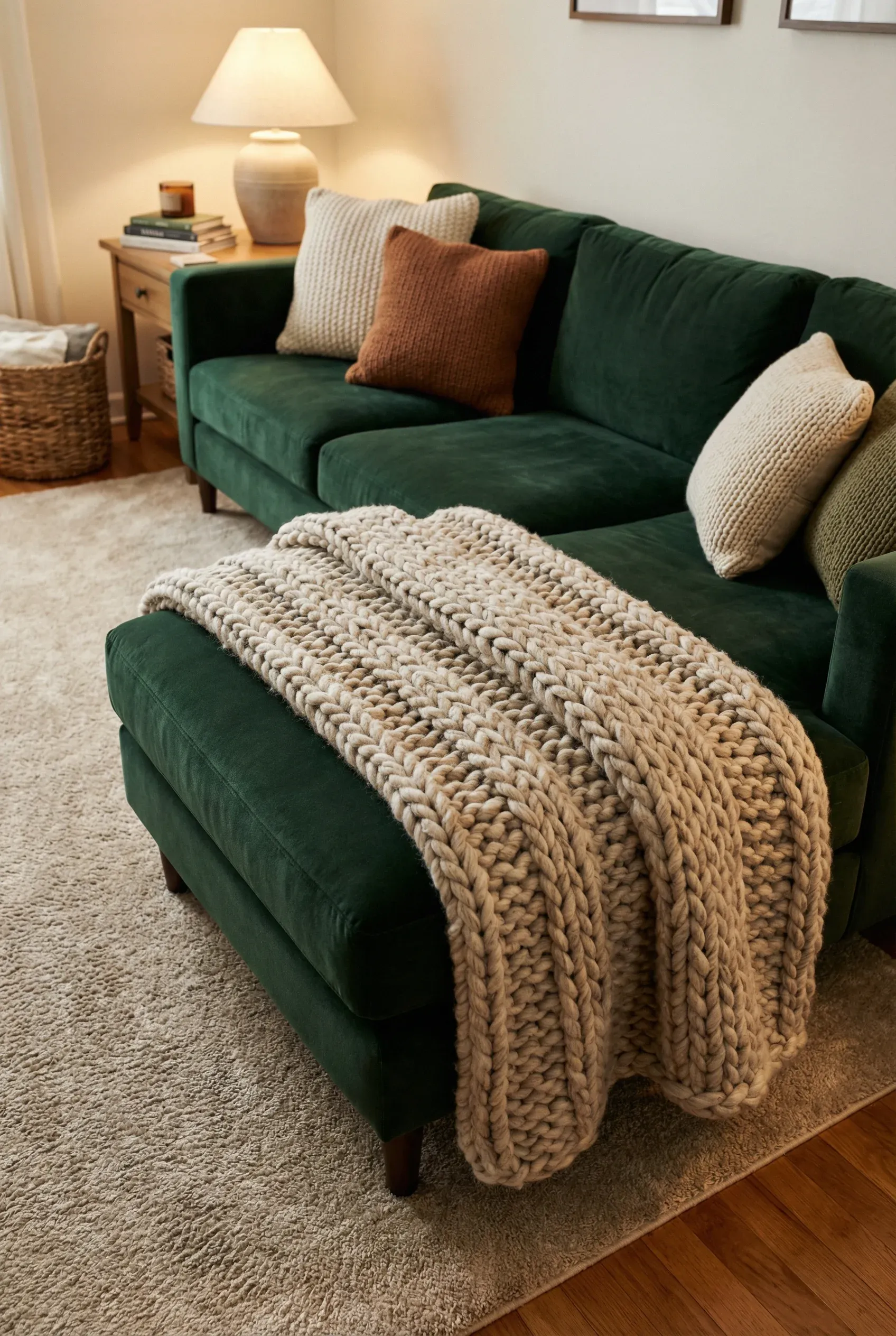 A deep green sectional with a chunky knit throw adding warmth and texture.