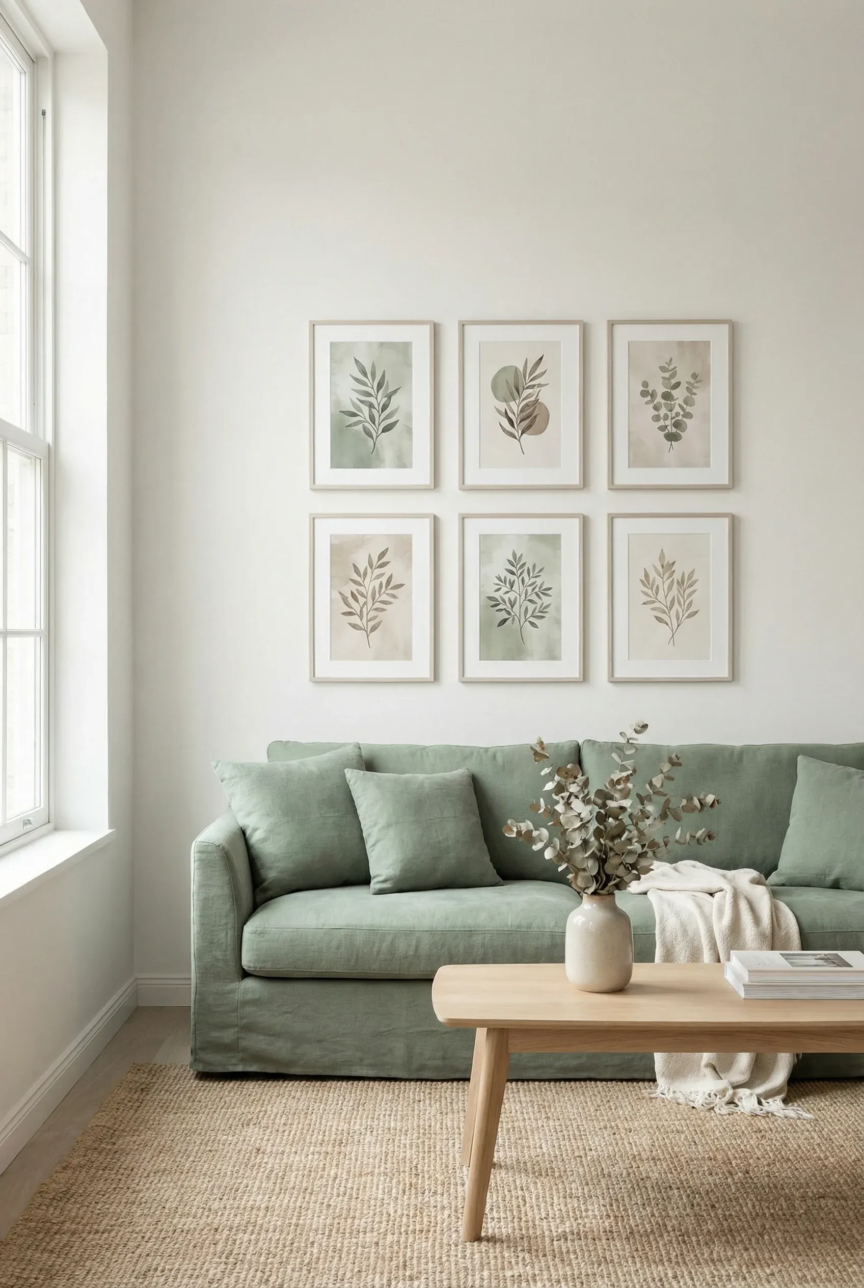 A sage green couch beneath botanical wall art in a soft, calming living room.