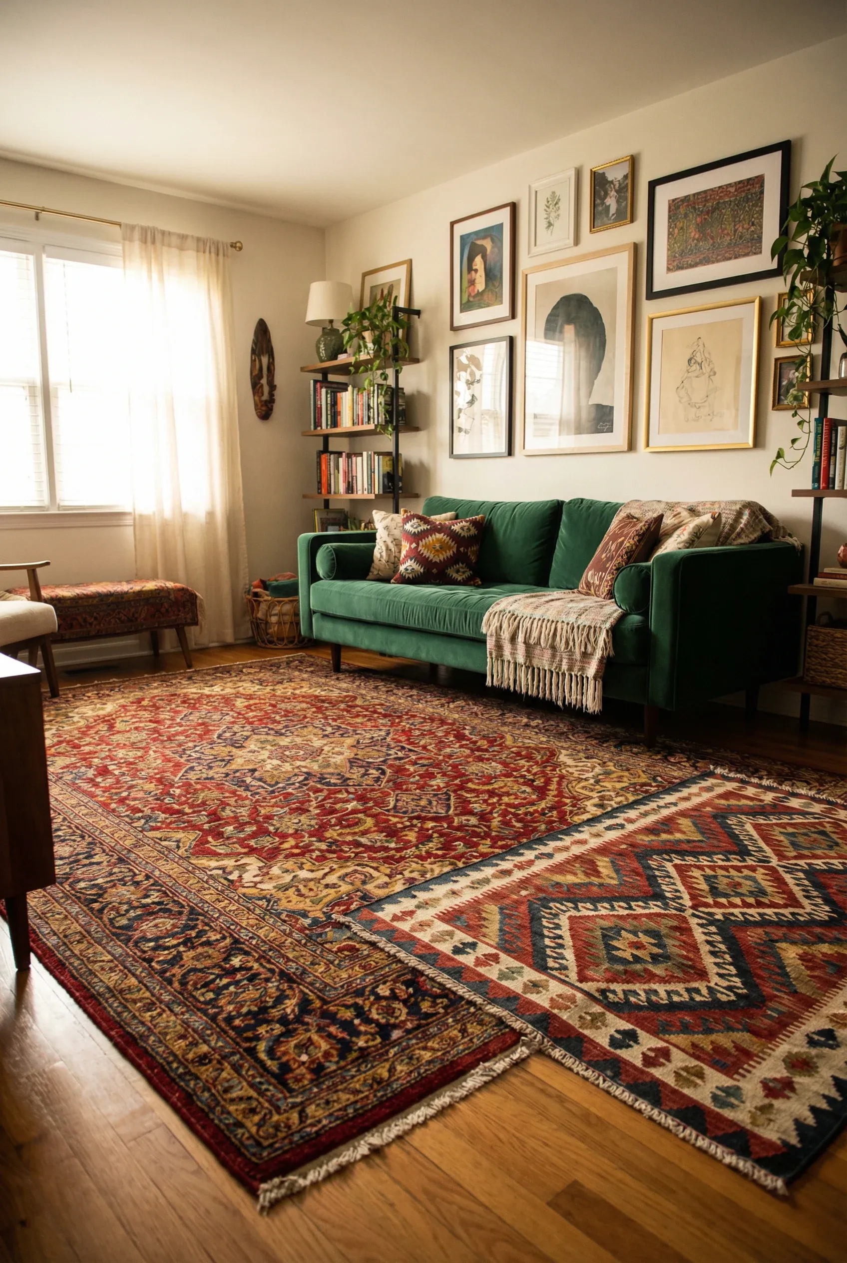 An emerald sofa styled with layered eclectic patterned rugs in warm, detailed lighting.