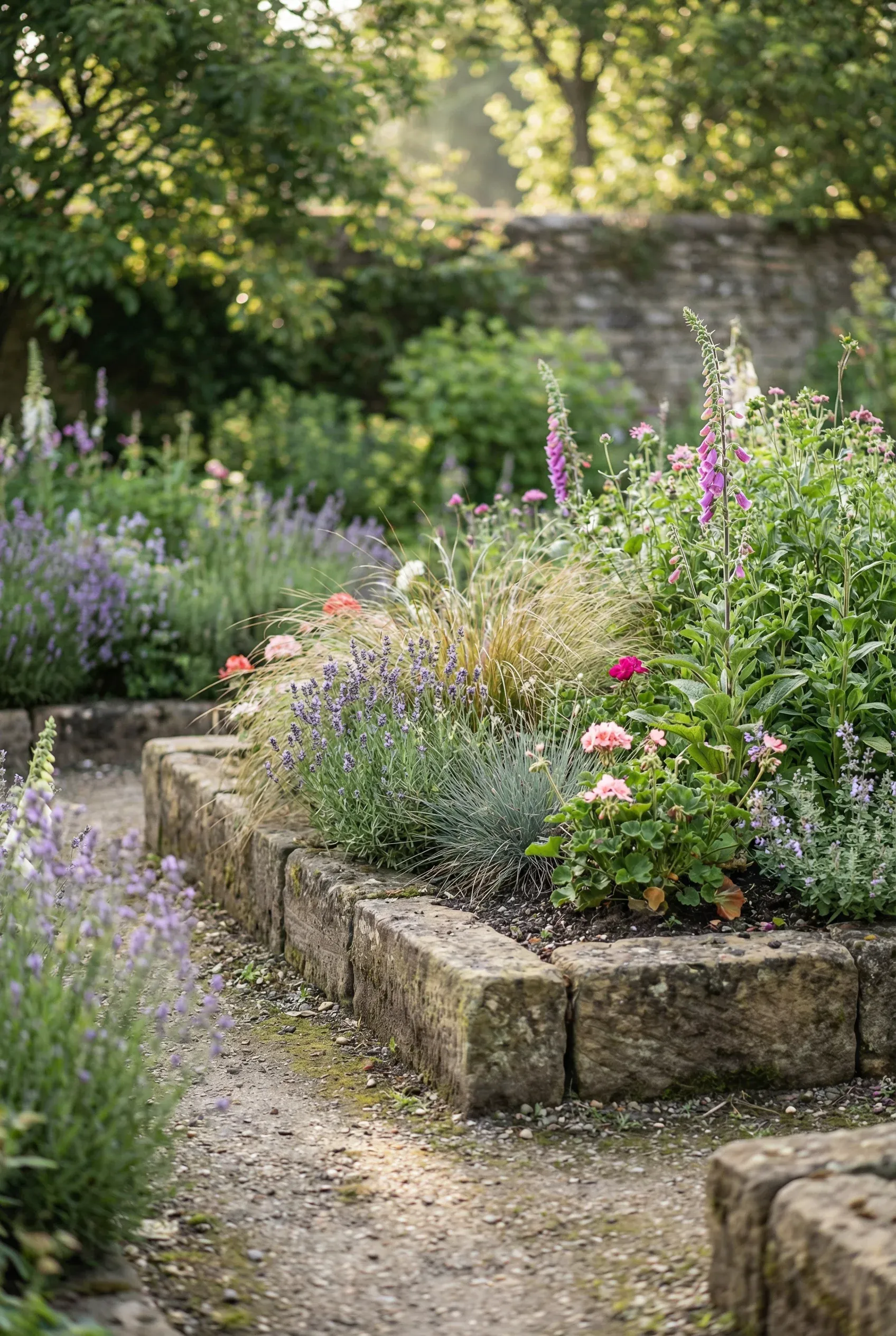 Country-Style Garden Bed with Rustic Stone Edging