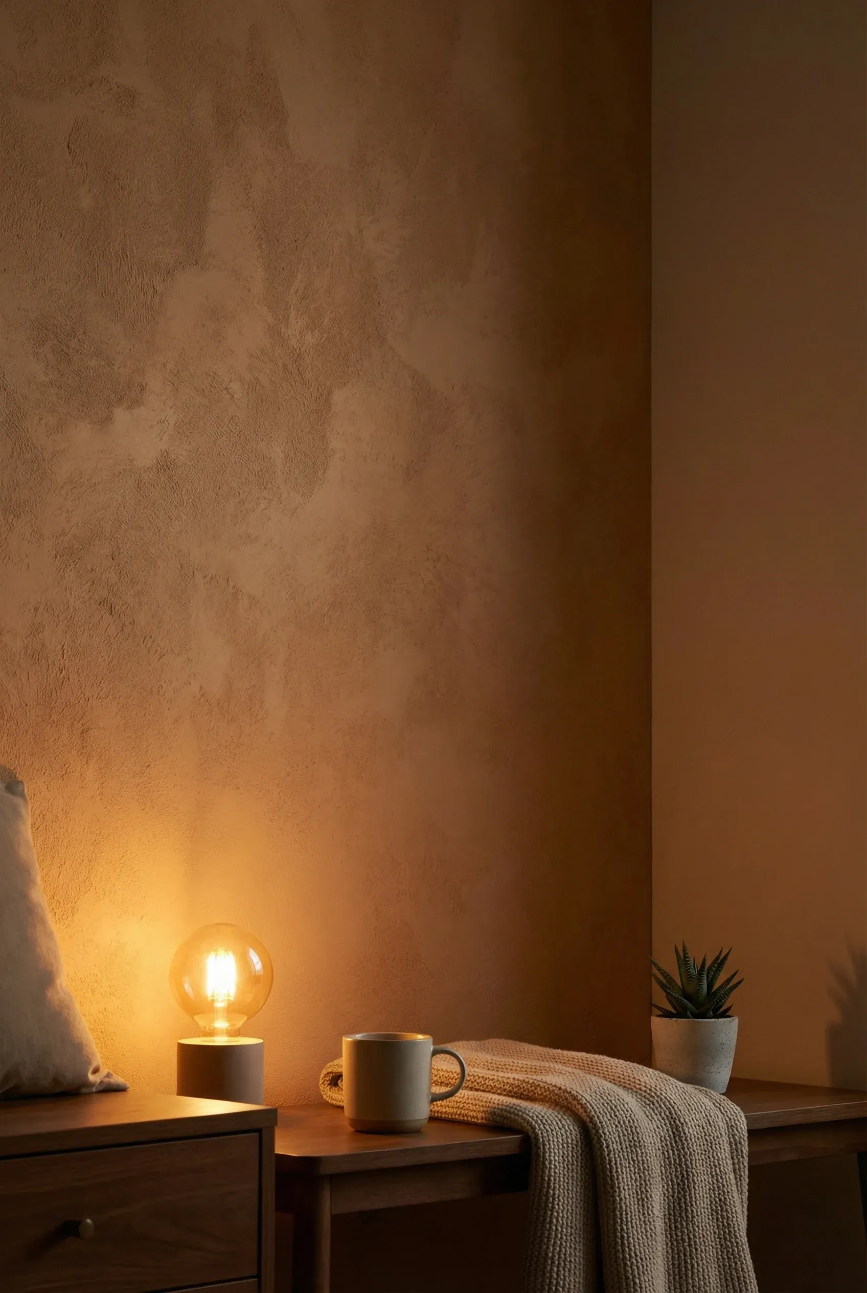 A warm accent wall in a bedroom illuminated by gentle low lighting.