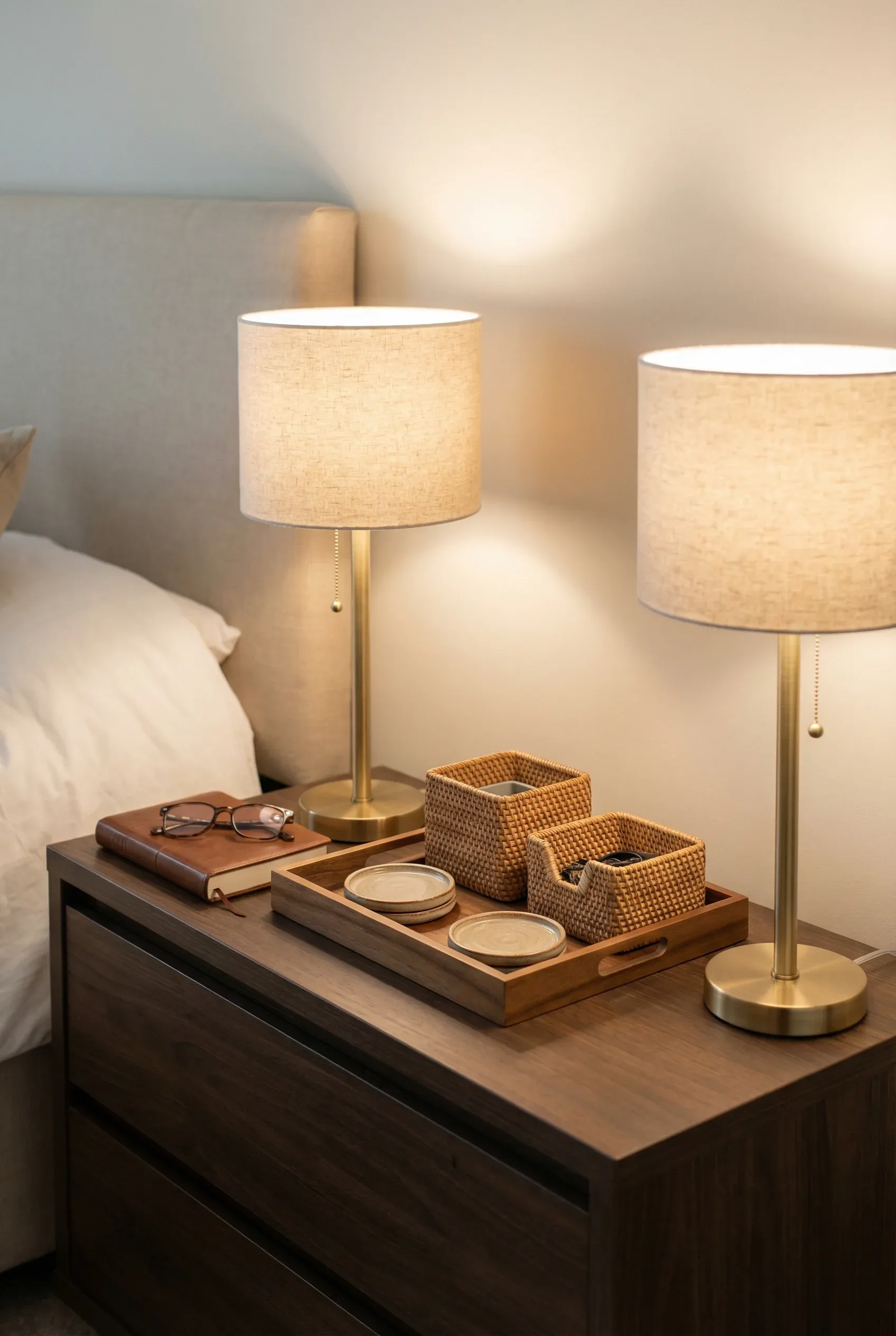 A shared nightstand with matching lamps and simple decorative organizers.