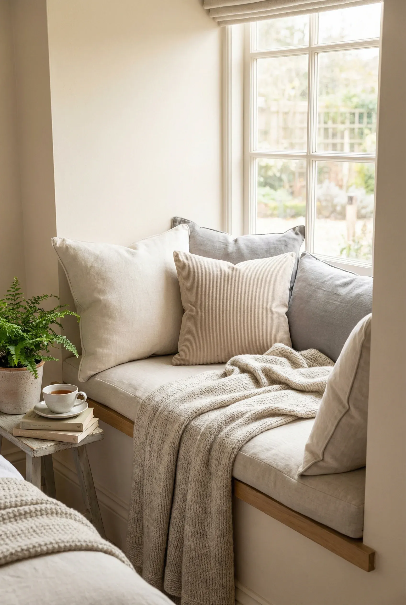 A cozy window nook with cushions and a soft throw in natural daylight.