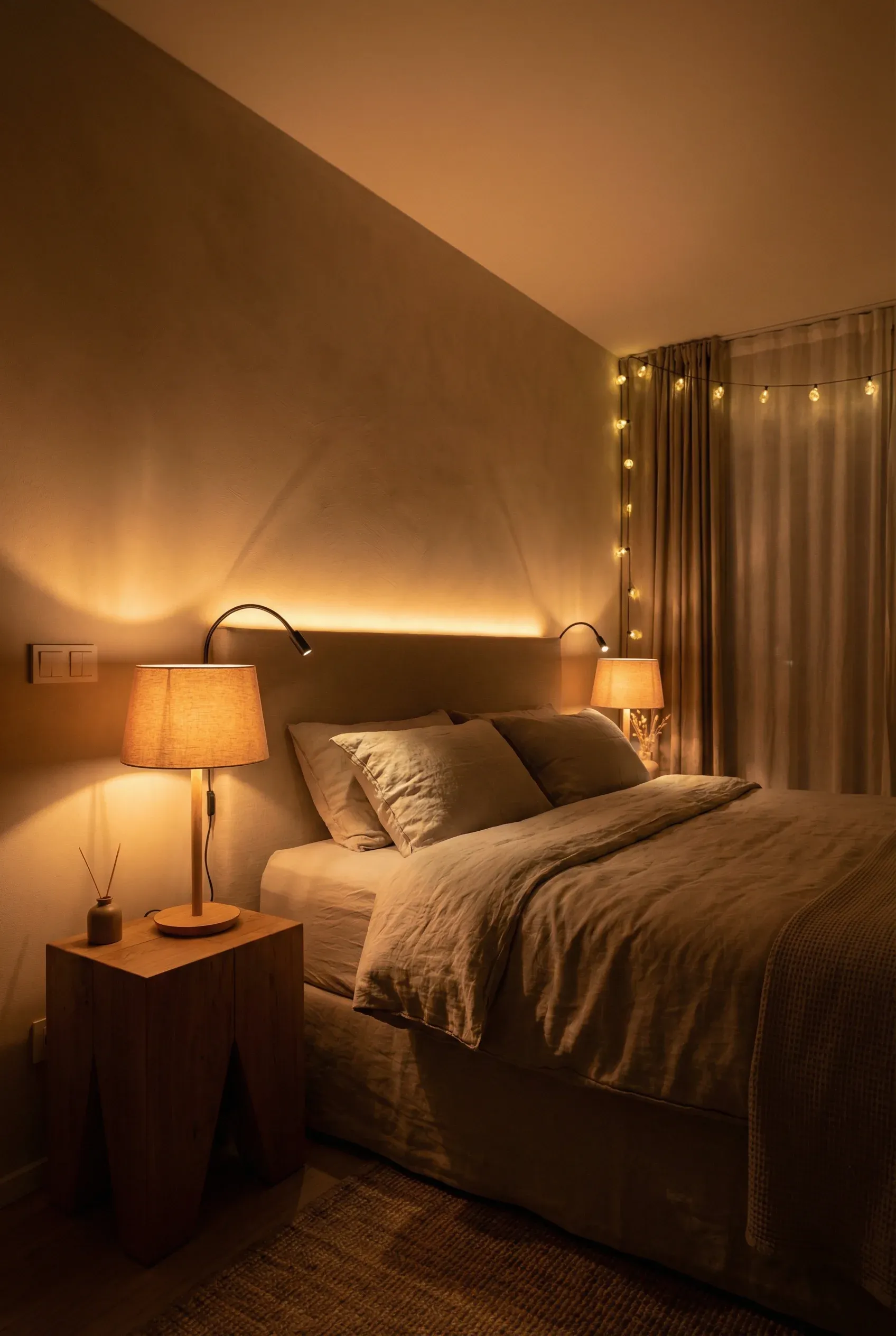 A warmly lit bedroom with dimmable lighting creating a romantic ambiance.