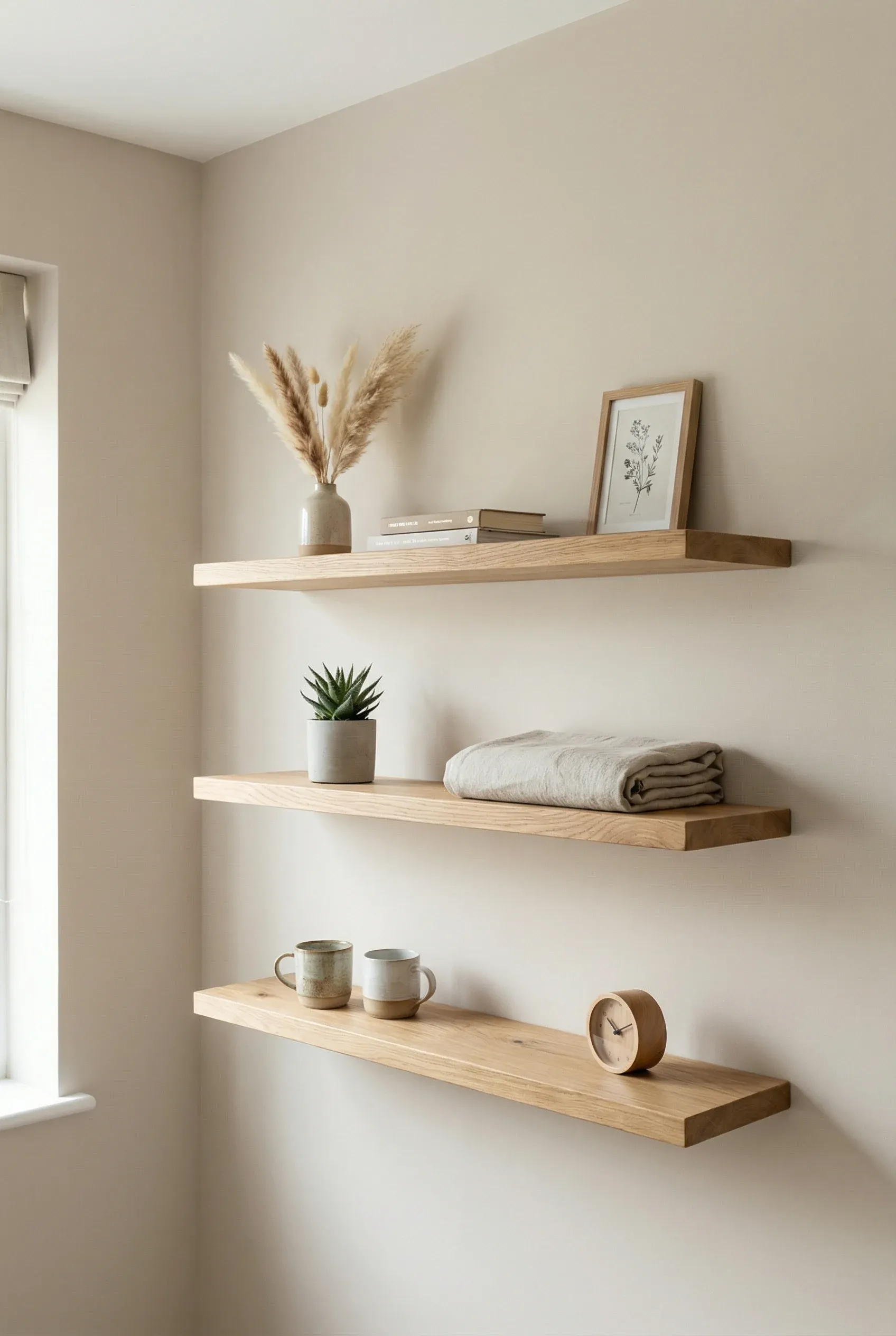 Floating shelves with a few curated decor items in a minimal bedroom.