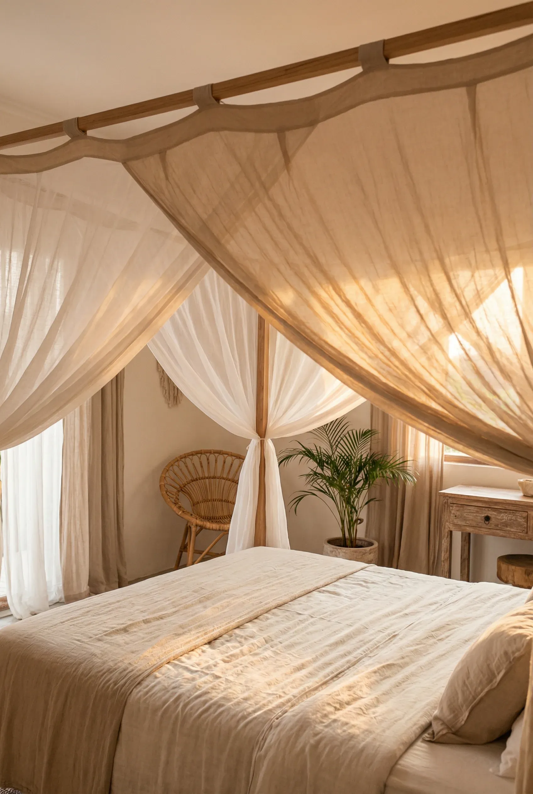 A lightweight boho canopy draped gently over a bed in warm natural light.