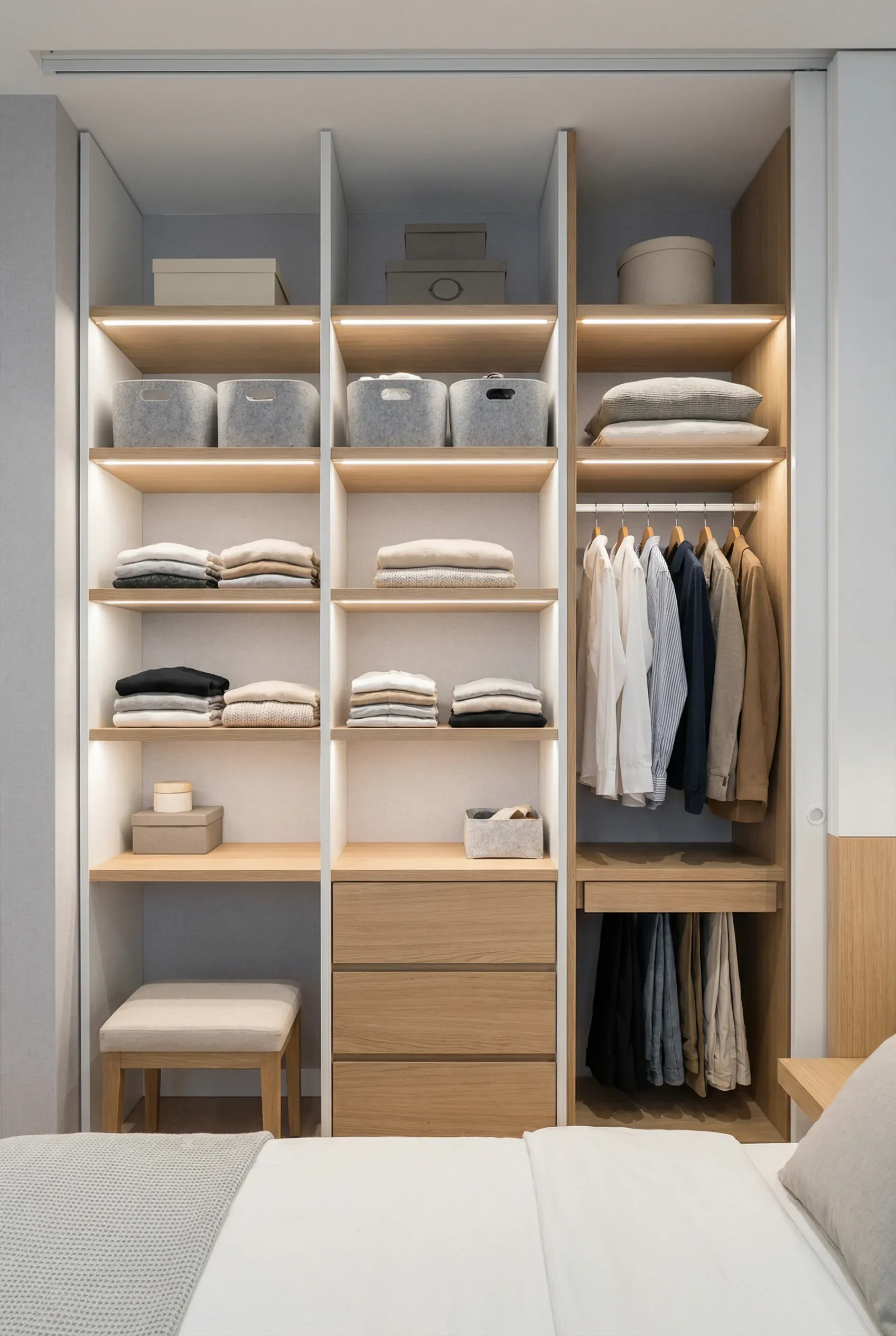 A compact modular wardrobe system designed for efficient small-room storage.