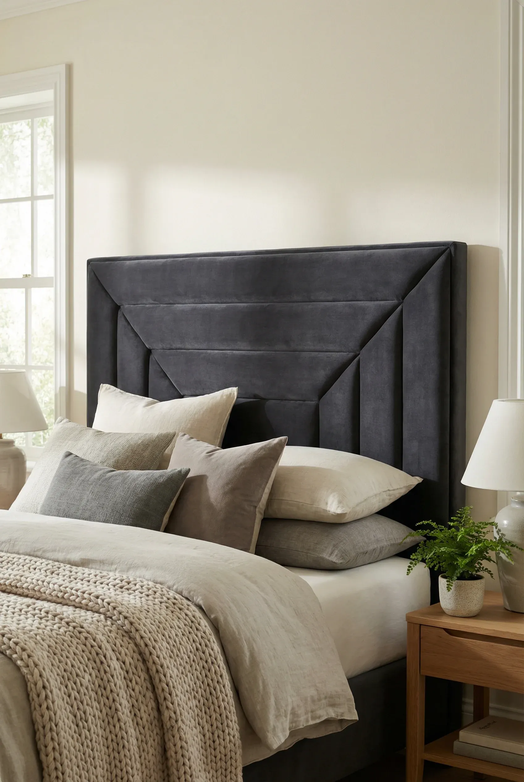 A statement upholstered headboard serving as the bedroom’s focal point.