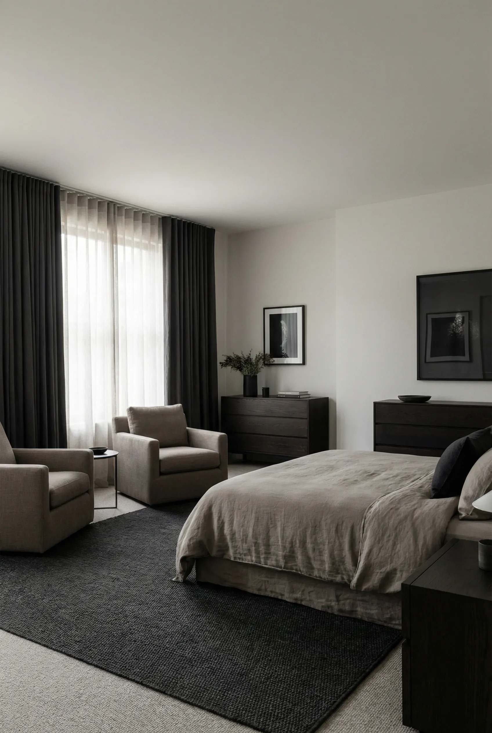 A muted neutral bedroom accented with charcoal décor elements.