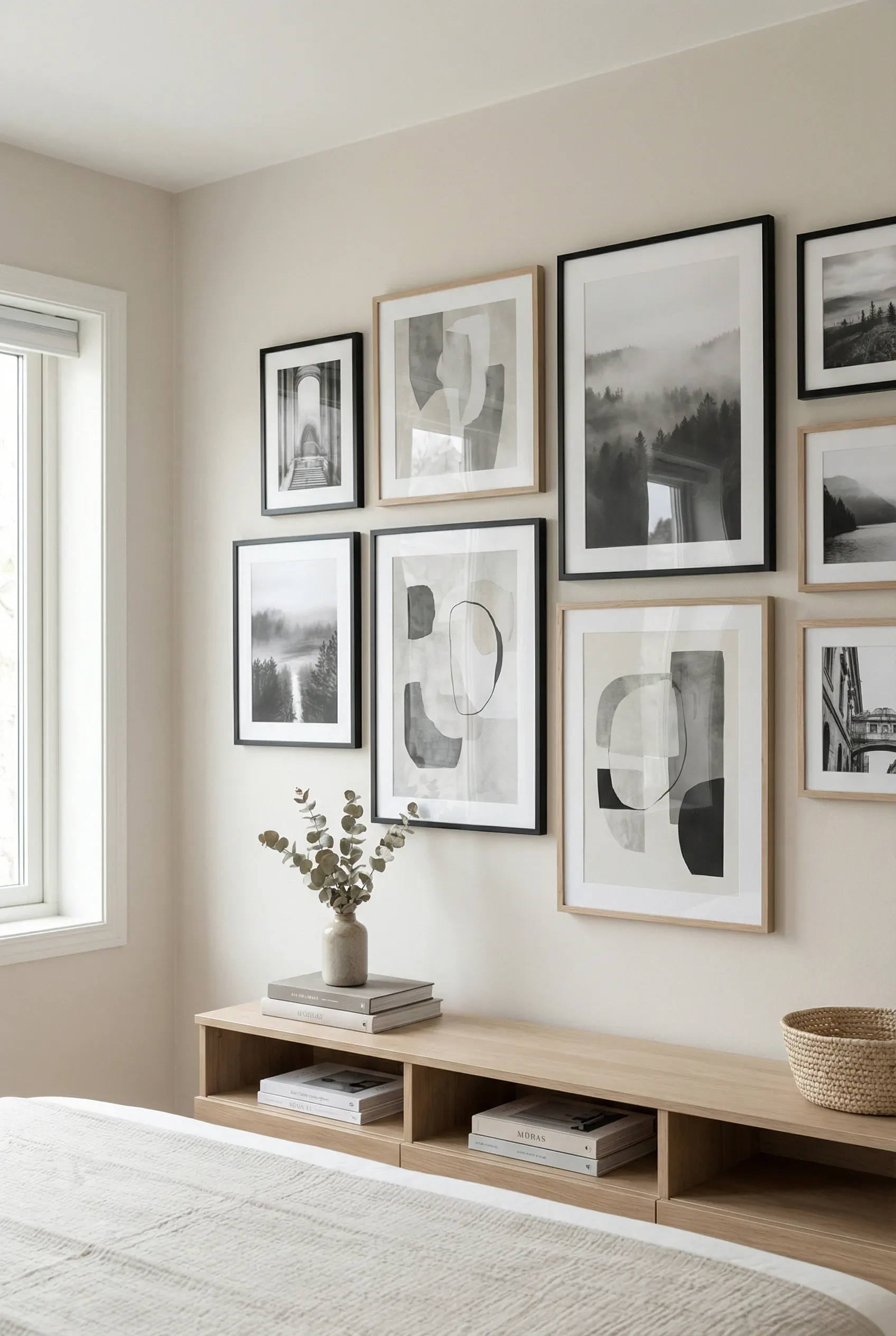 A cohesive gallery wall of framed art and photographs in a bedroom.