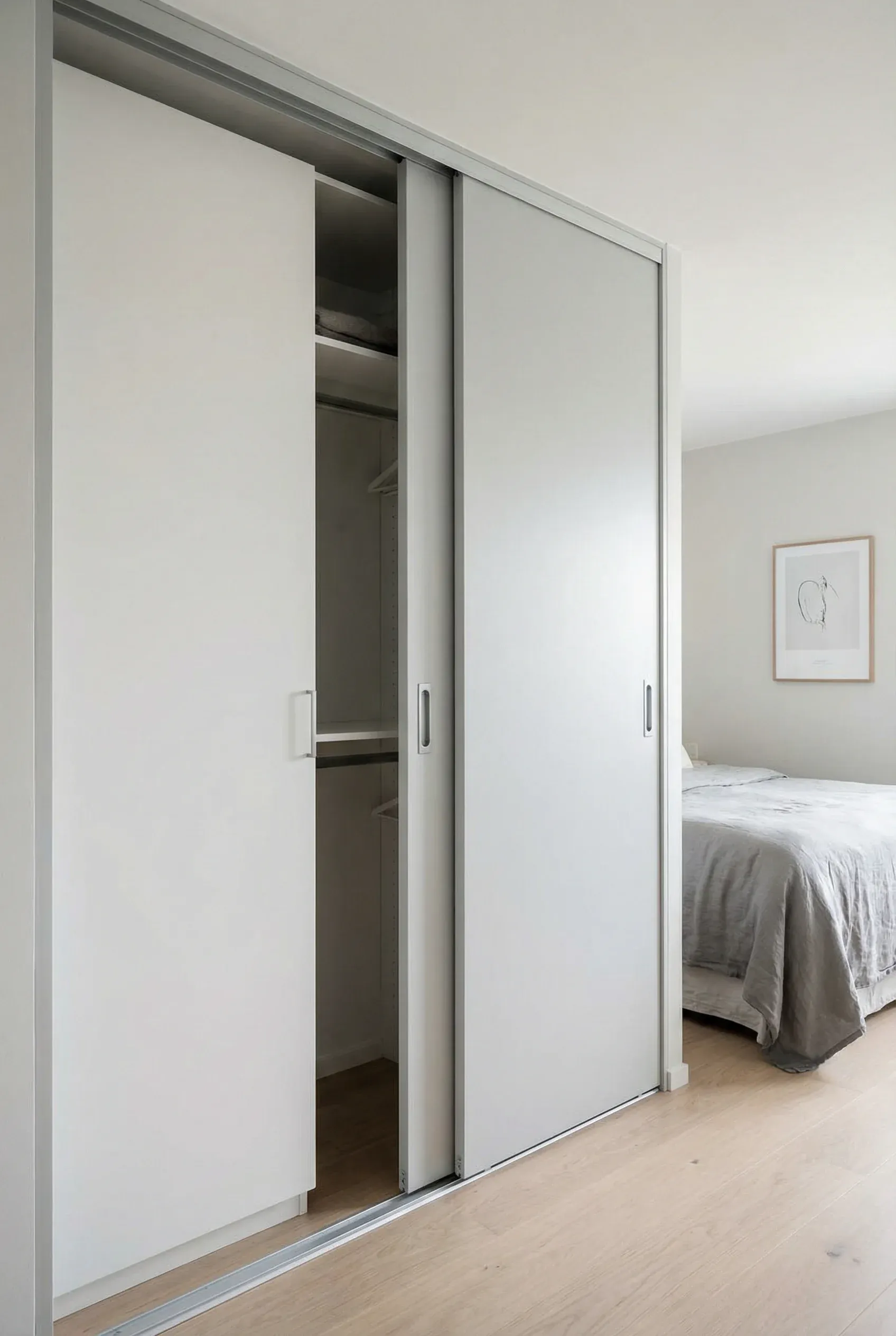 A modern sliding door closet designed to save space in a small bedroom.