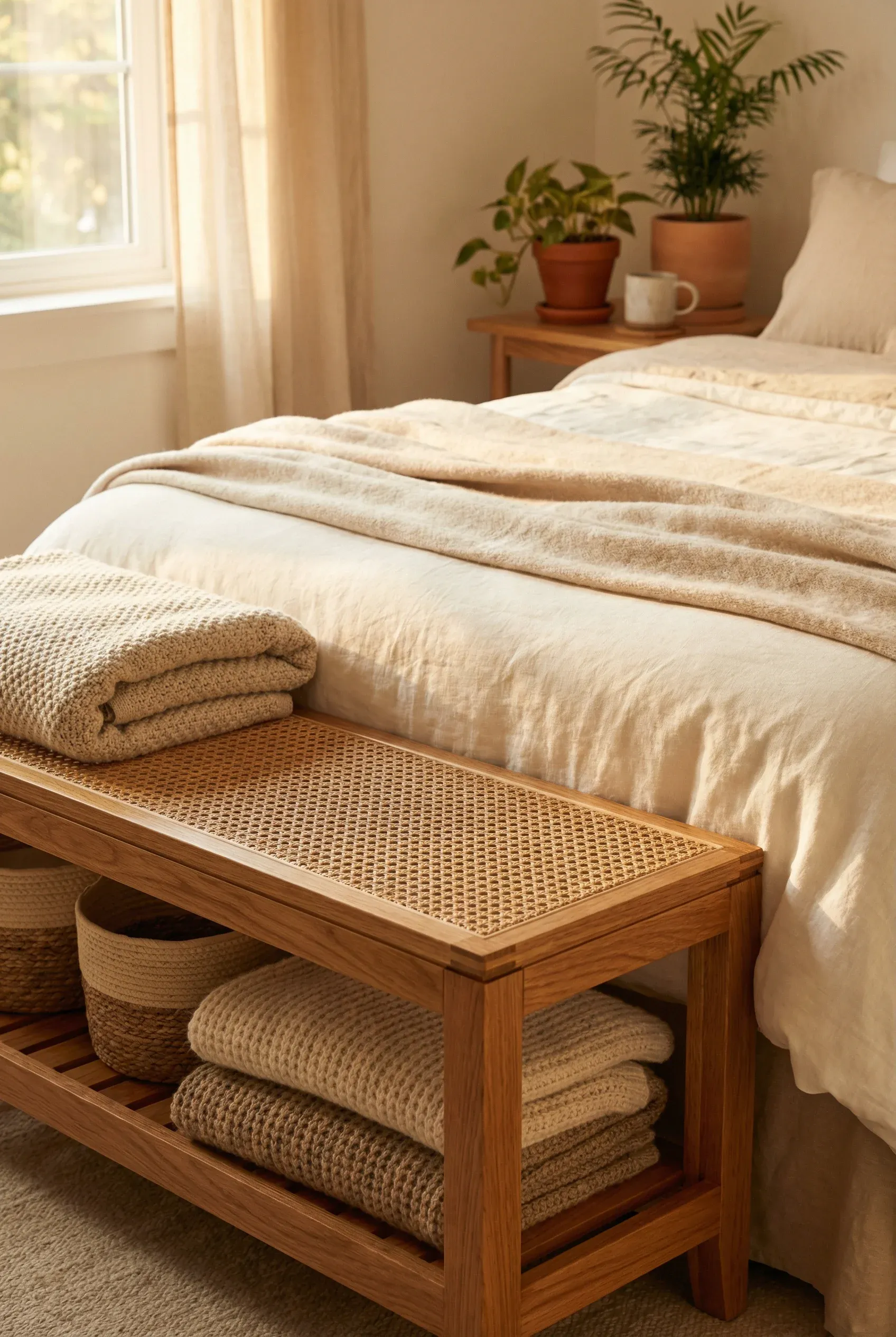 A wood and rattan bench positioned at the foot of a neatly made bed.