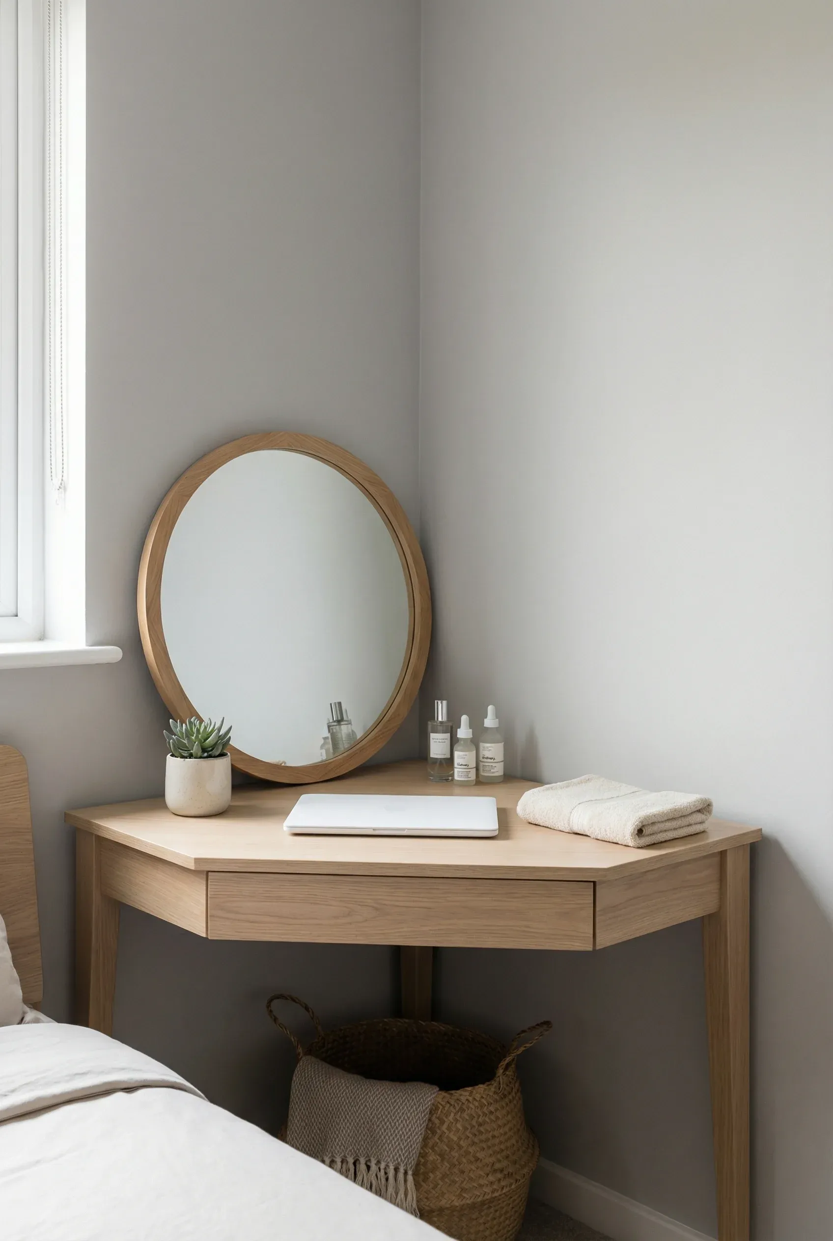 A compact bedroom corner with a desk that doubles as a vanity.