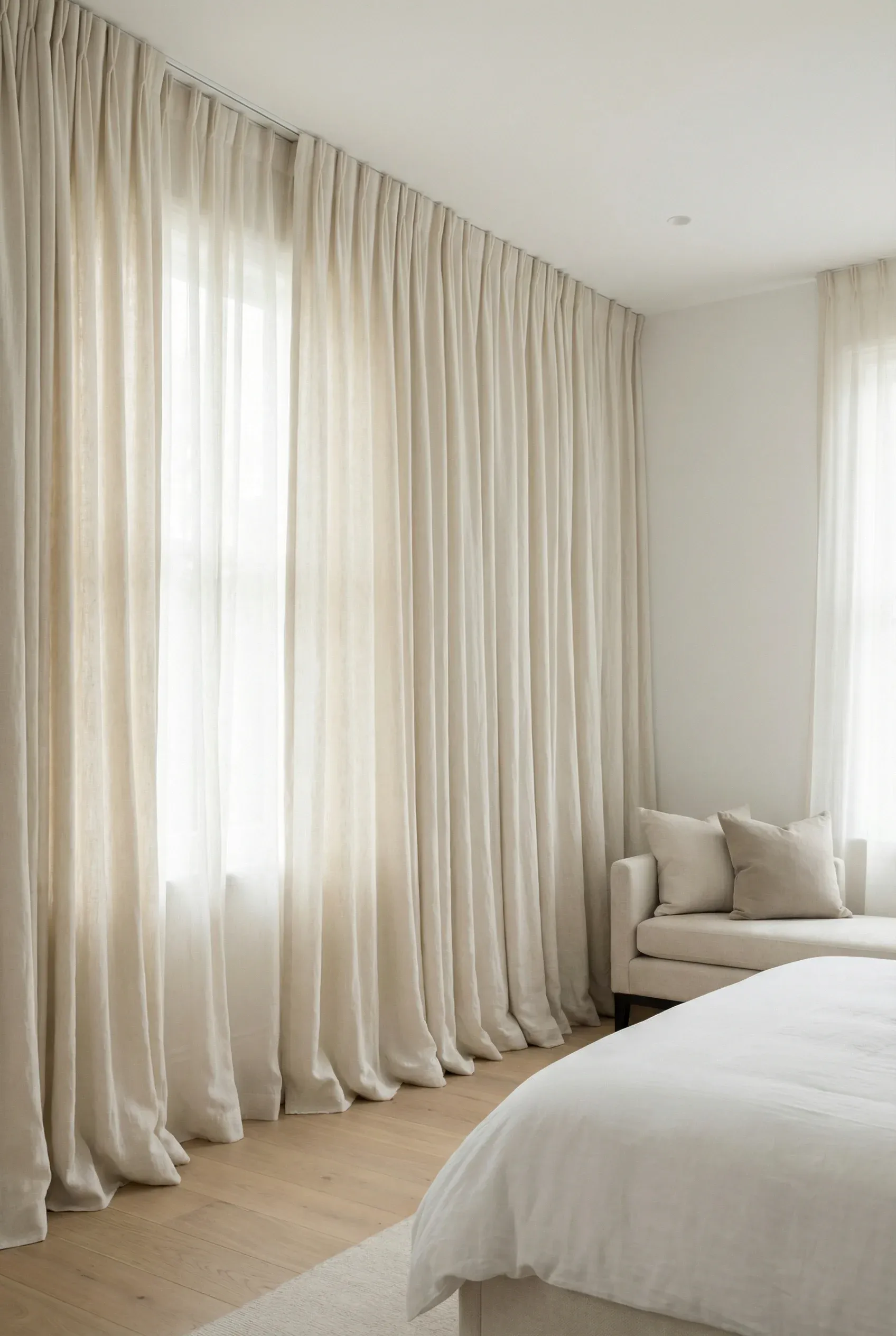 Long soft drapes creating a hotel-inspired look in a serene bedroom.
