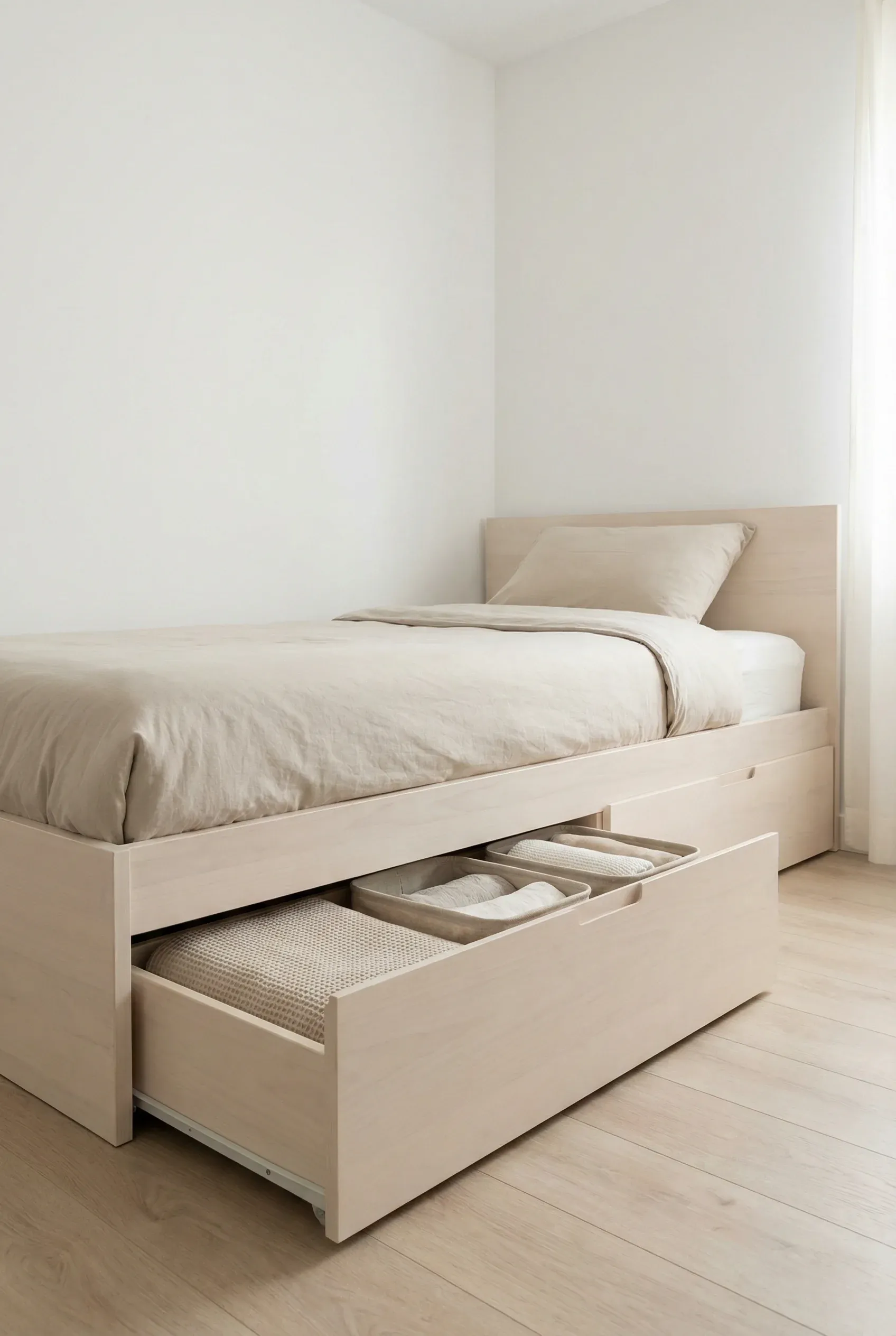 A low-angle view of a bed with sleek under-bed storage drawers.