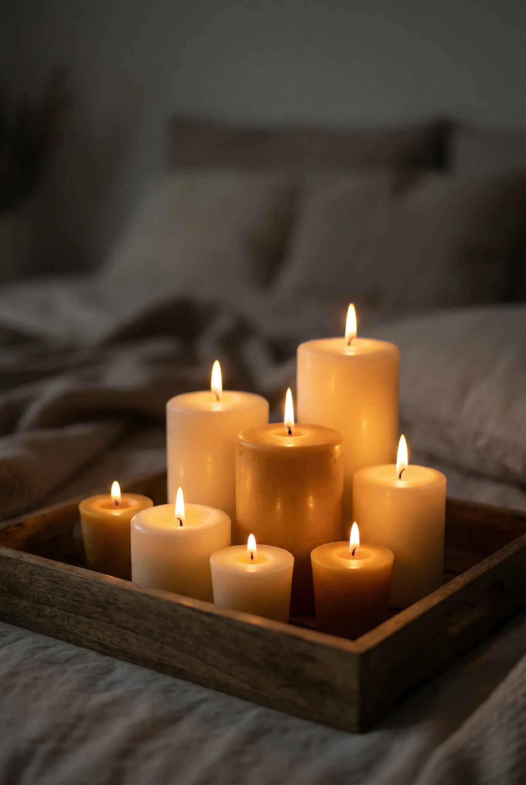 A warm candle arrangement on a tray creating romantic soft light.