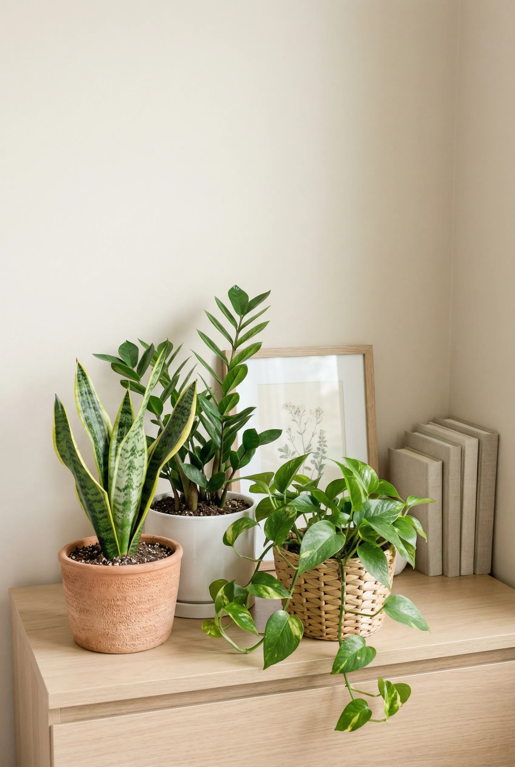 A small cluster of low-maintenance plants arranged neatly in a bedroom corner.
