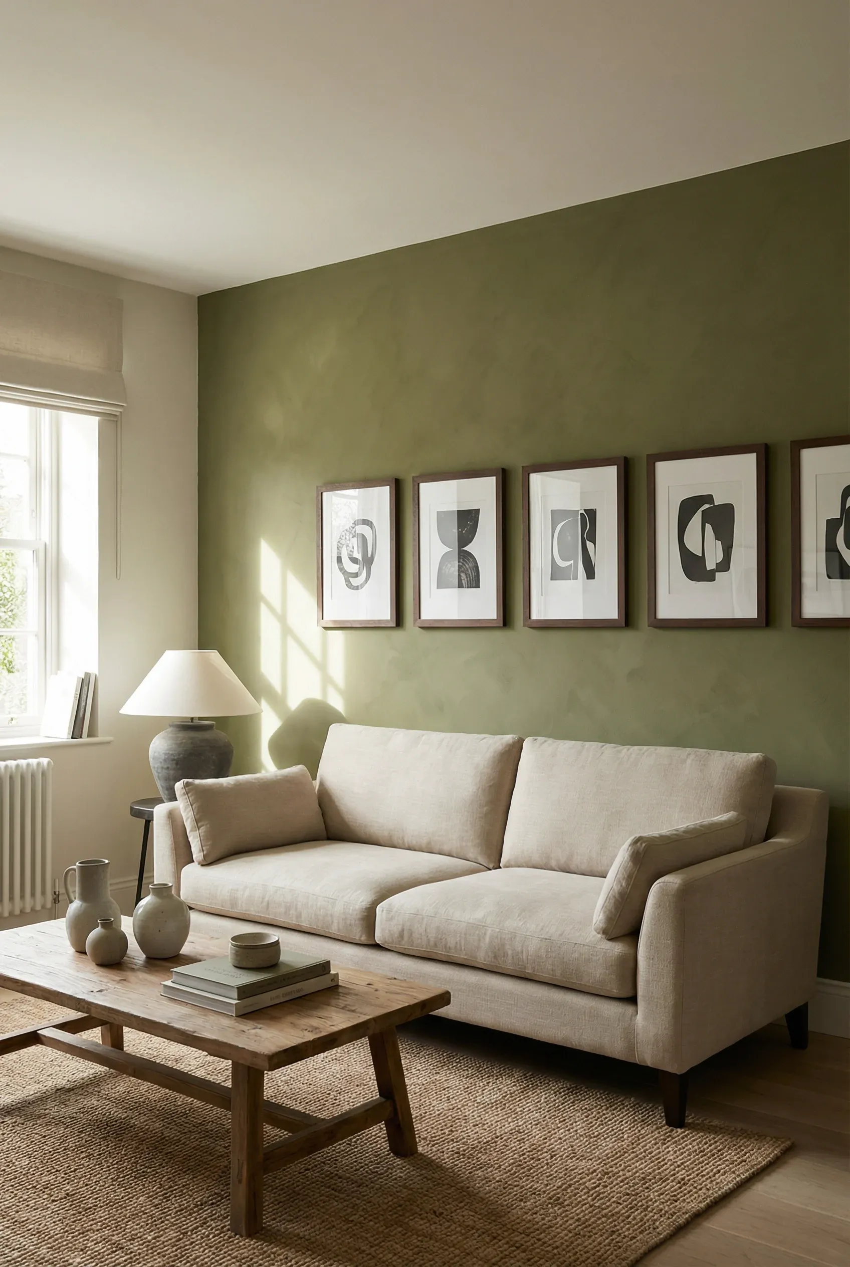 Living room with an olive green accent wall behind a neutral sofa and dark wood frames.