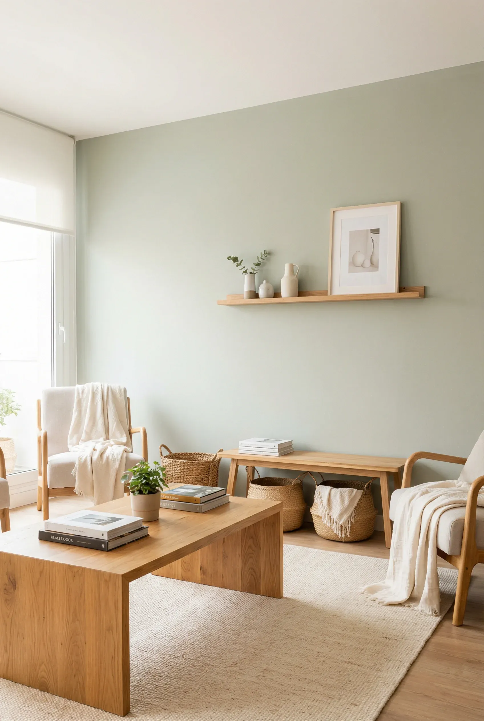 Light sage living room with natural wood furniture and soft woven textures.