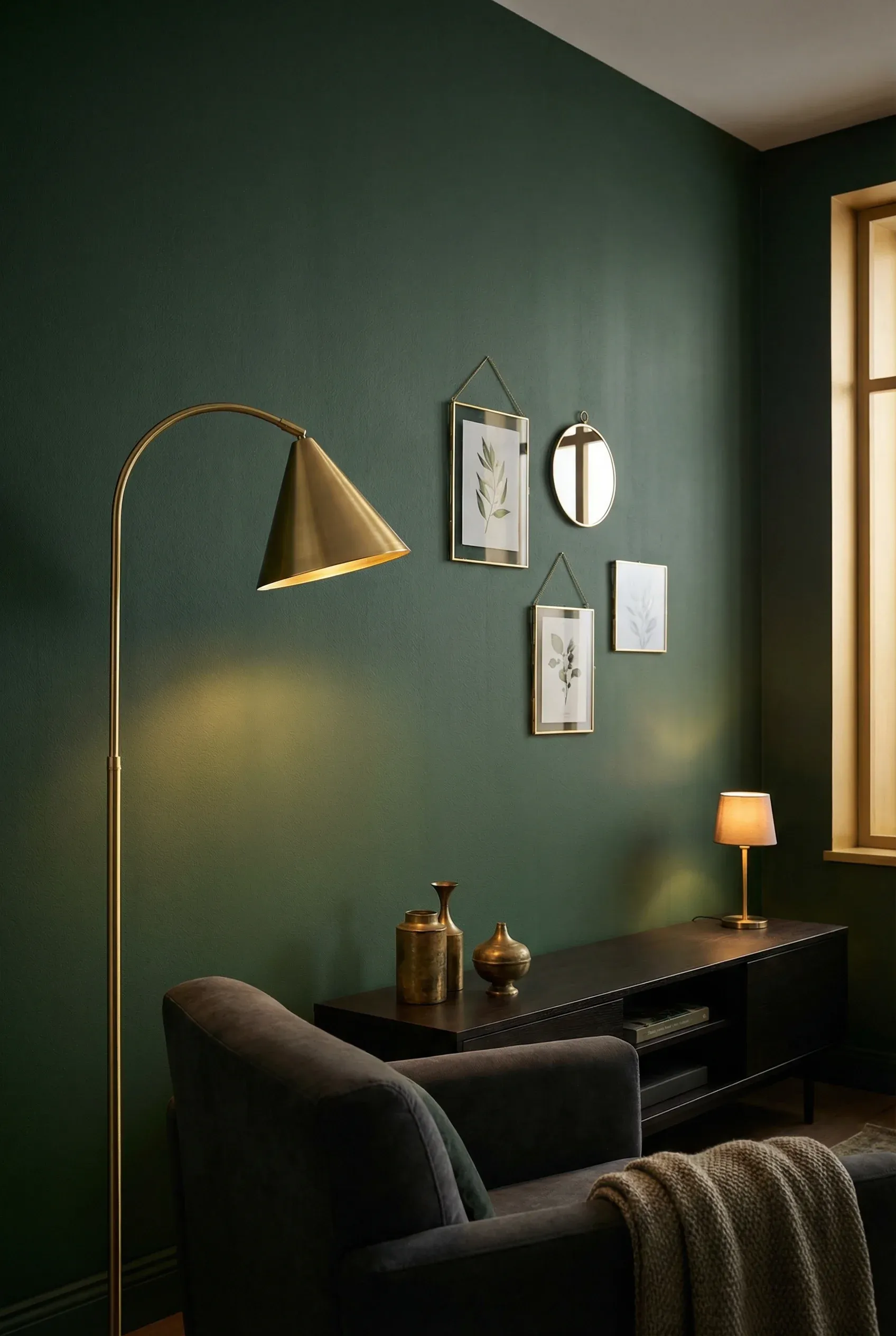 Deep forest green living room wall with subtle brass decor and warm lighting.