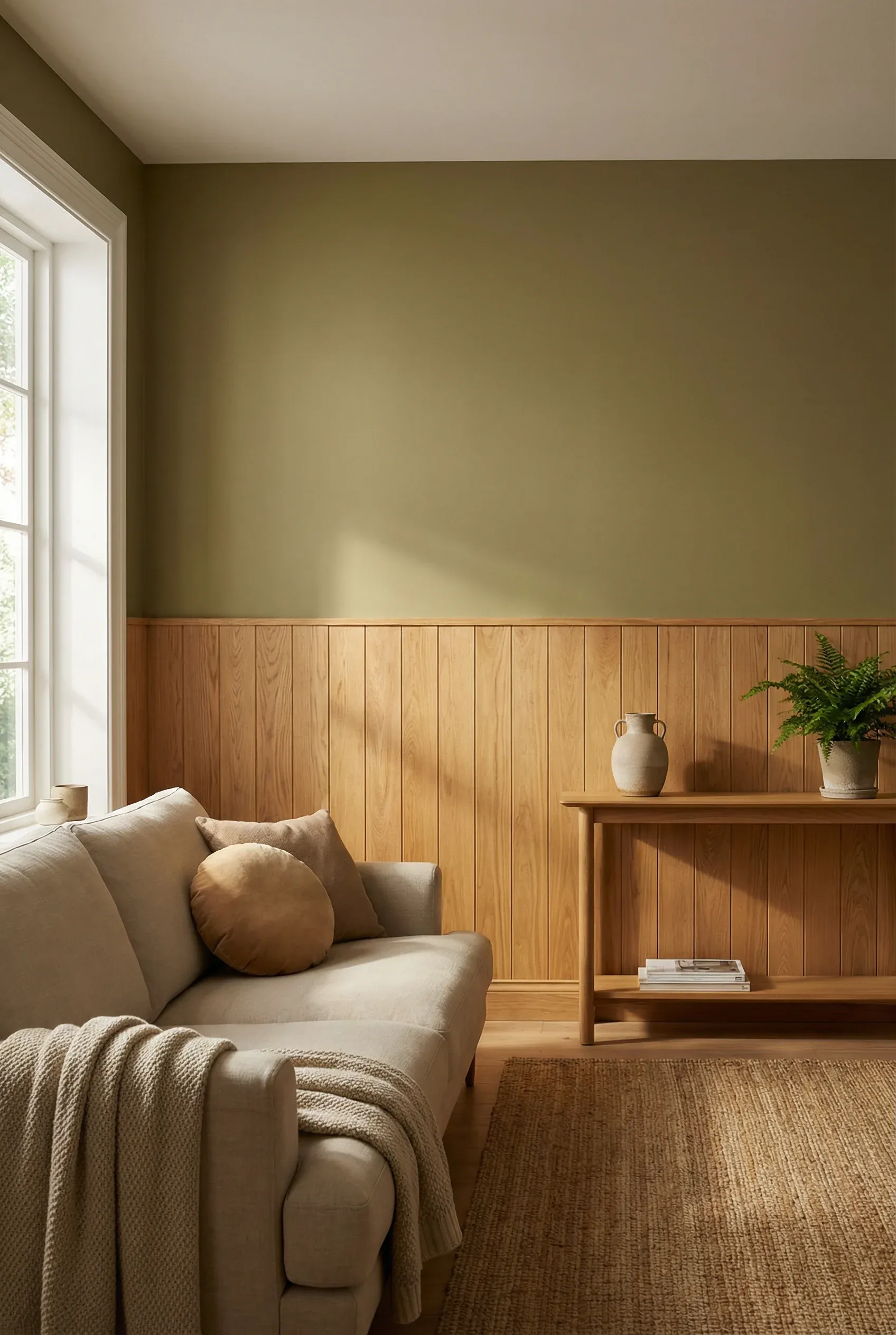 Living room with a green upper wall and natural wood paneling for an earthy aesthetic.