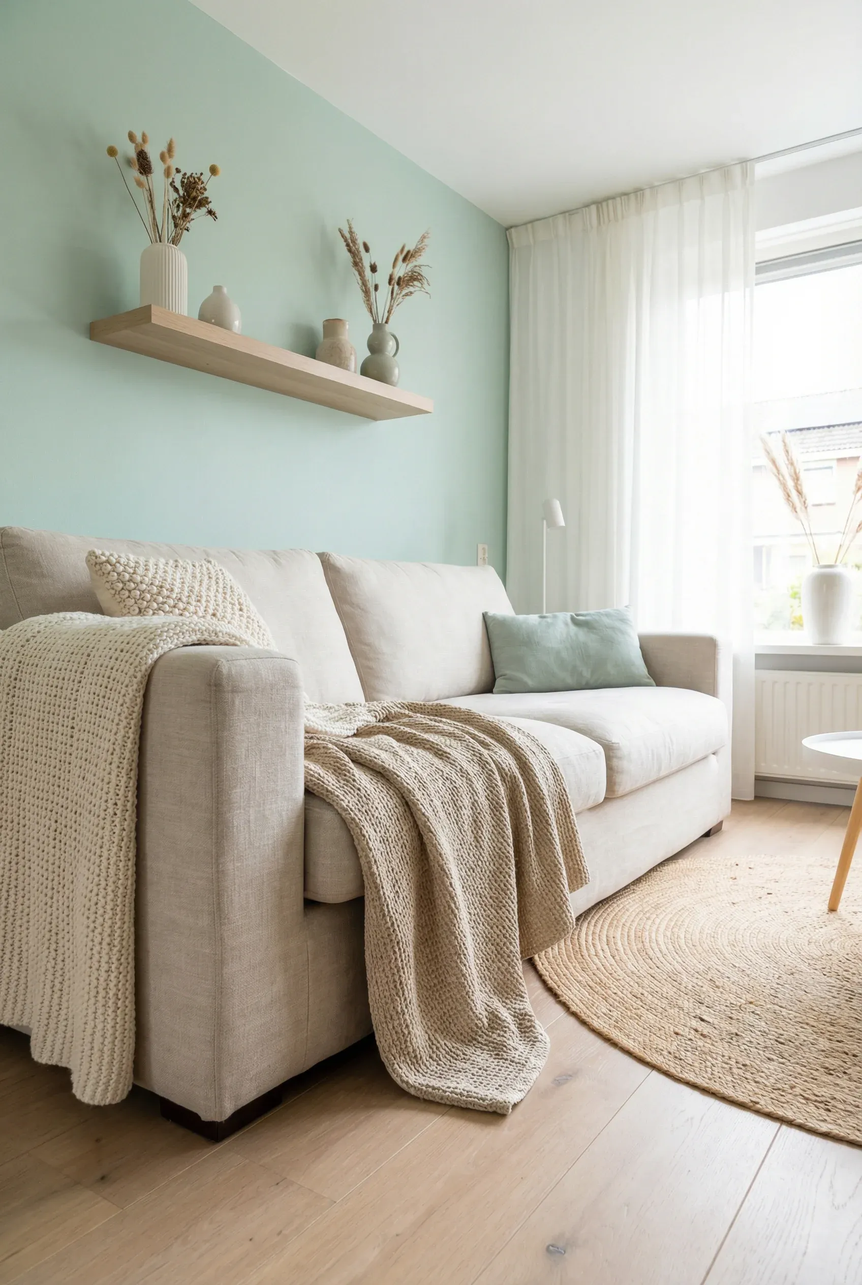 Living room with a soft mint wall and neutral textiles such as throws and rugs.