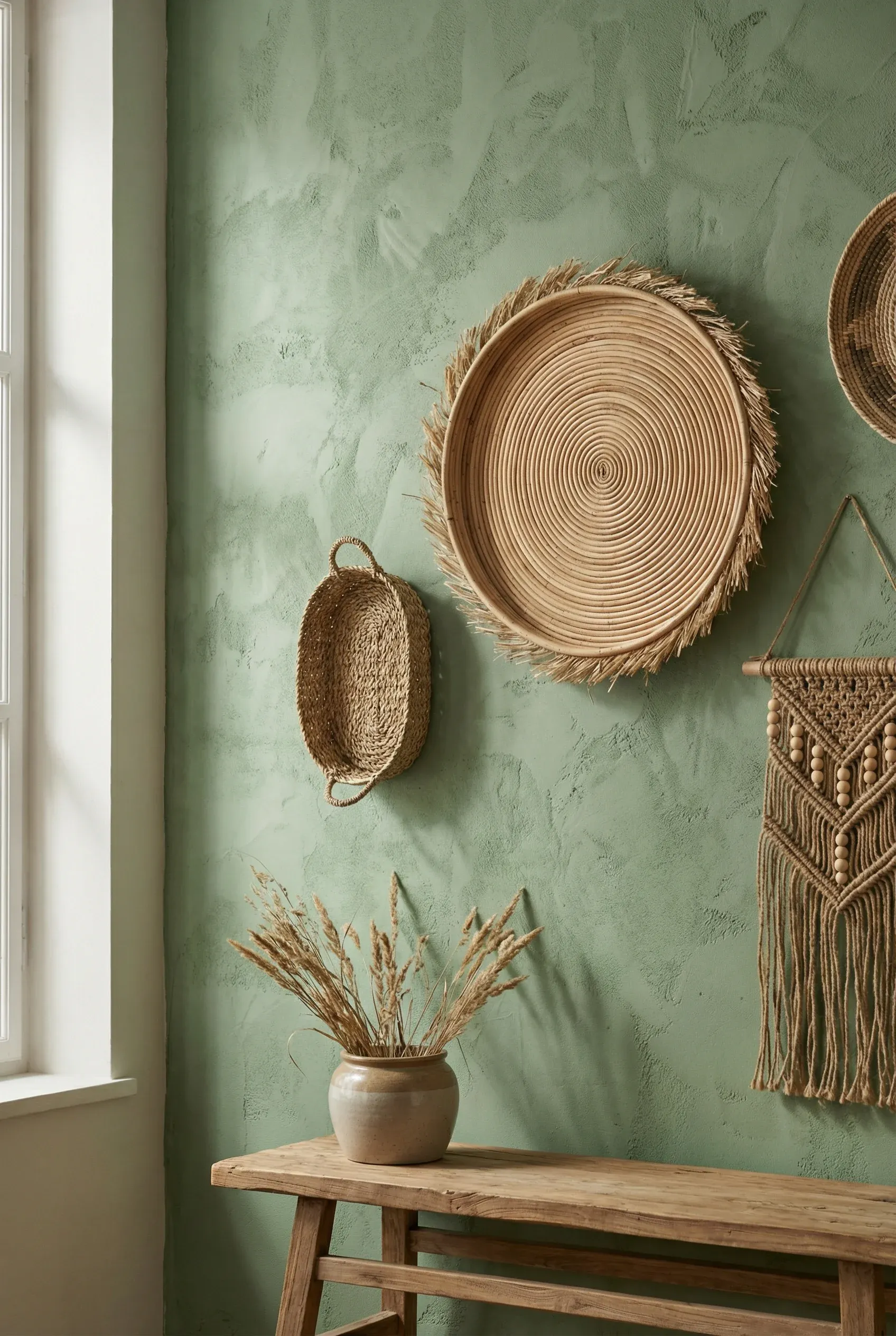 Green textured wall with woven decor elements such as rattan accents.