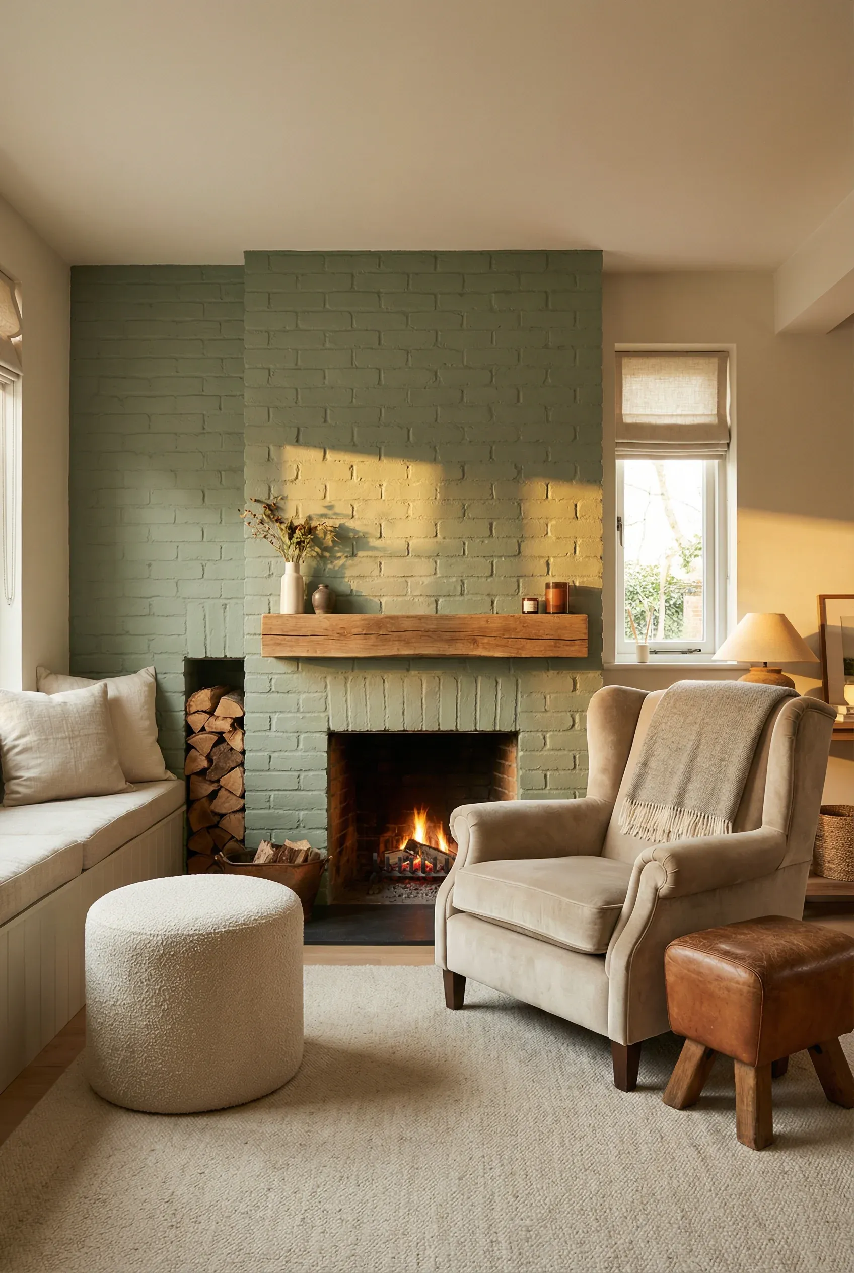 Green fireplace wall in a cozy living room with soft seating nearby.