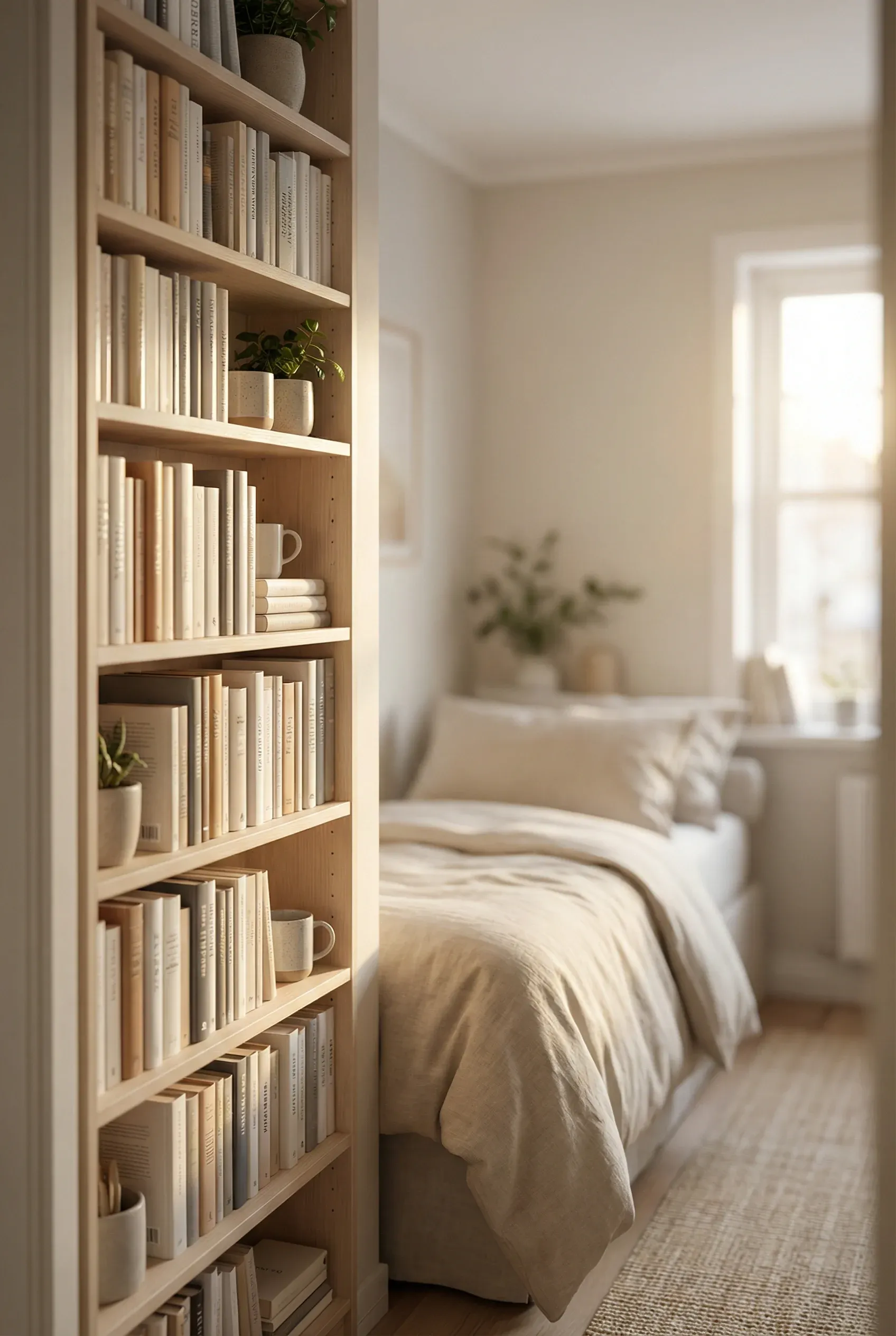 Tall narrow bookshelf beside a bed, lit softly with warm natural light in a small bedroom.