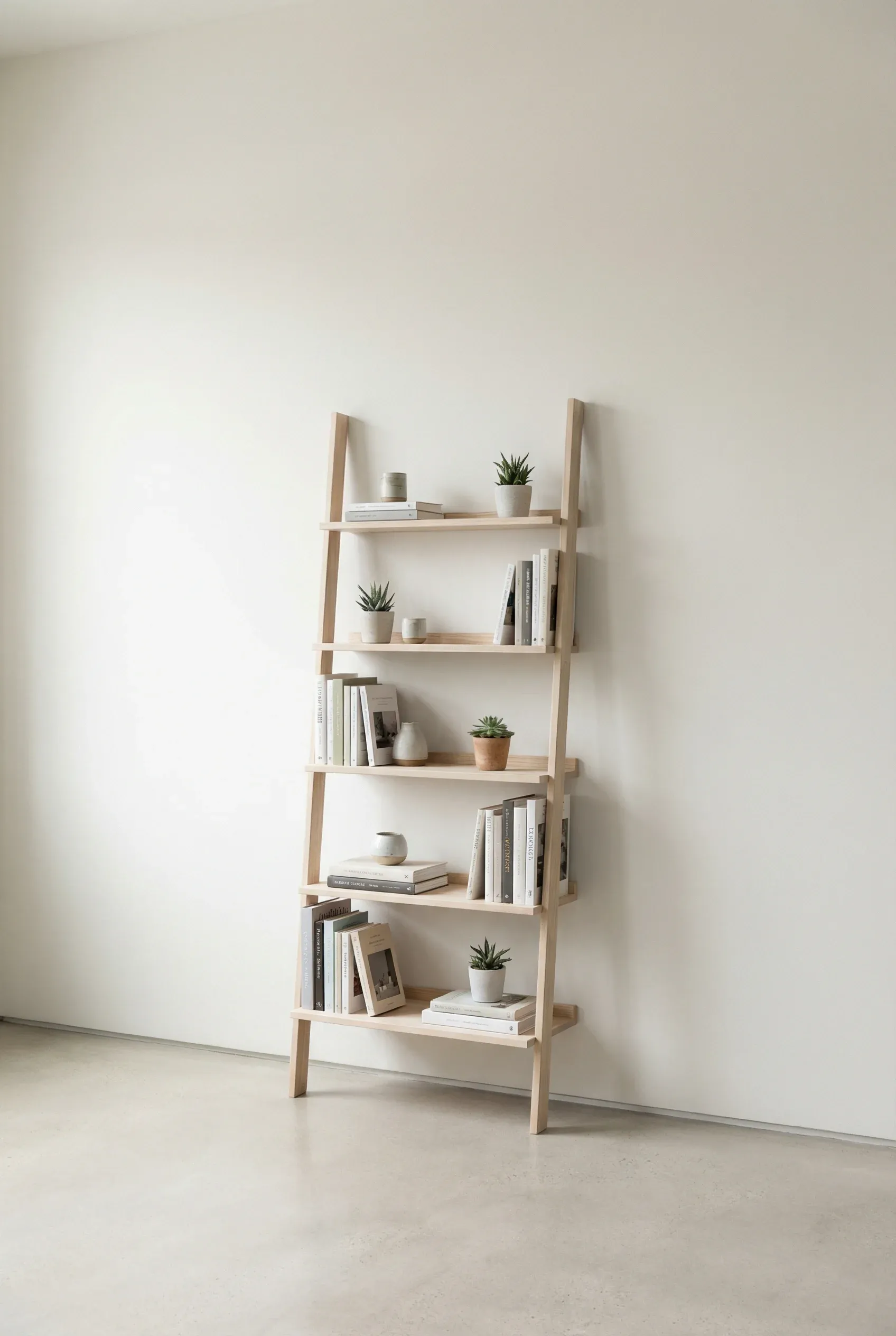 Slim ladder bookshelf against a lightly textured blank wall with soft natural lighting.