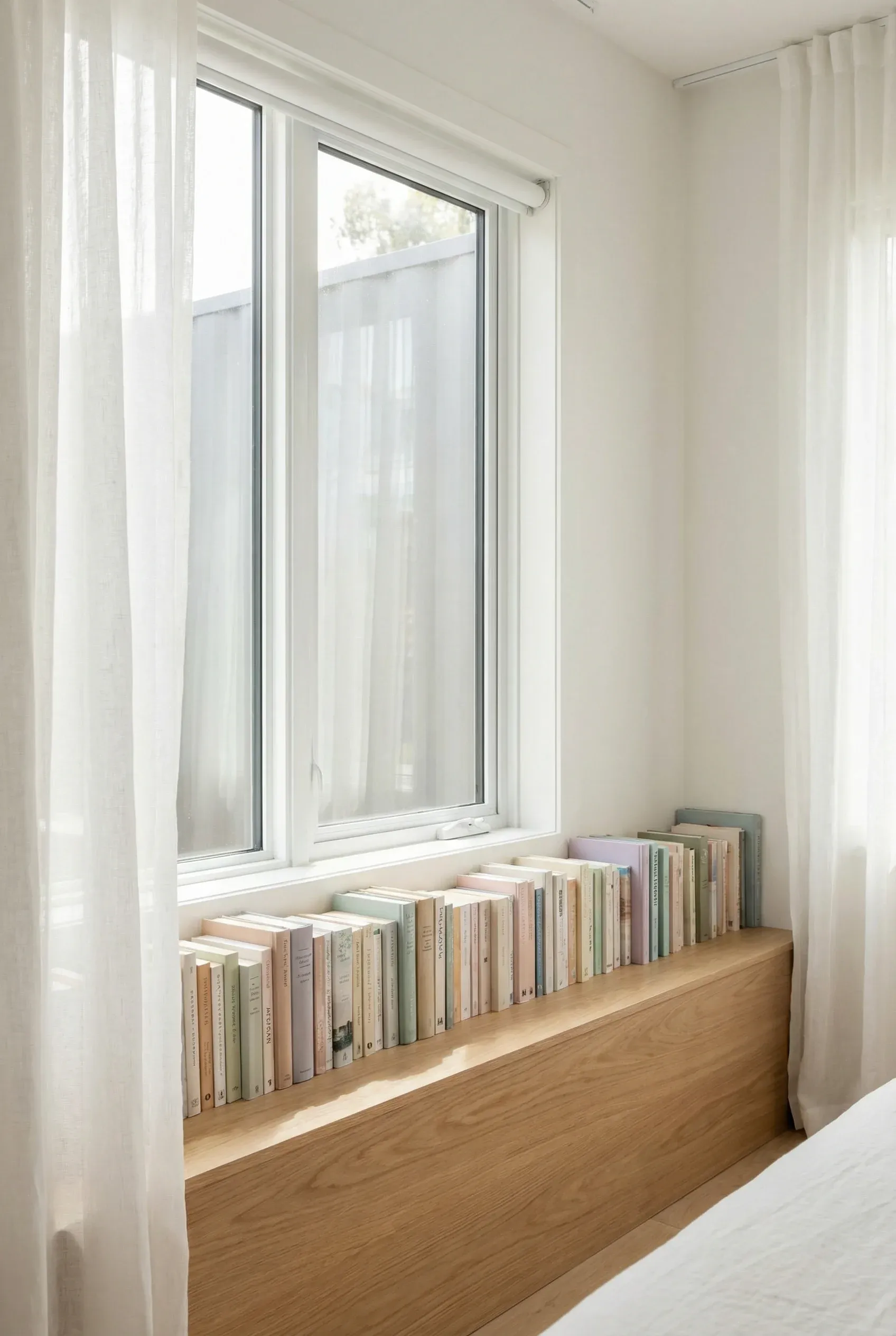 Low wooden book ledge beneath a sunlit window displaying neatly arranged books.