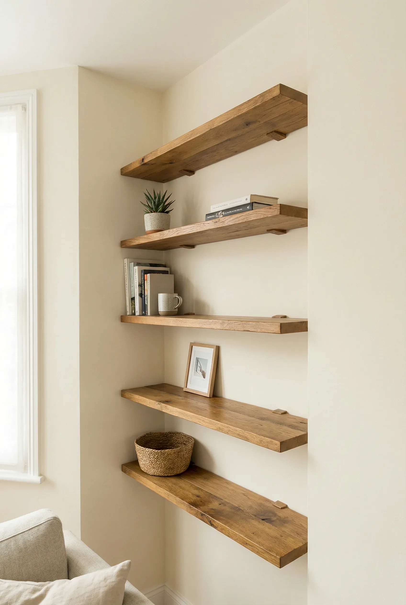 Stack of floating wooden corner shelves with books and simple decor in soft daylight.