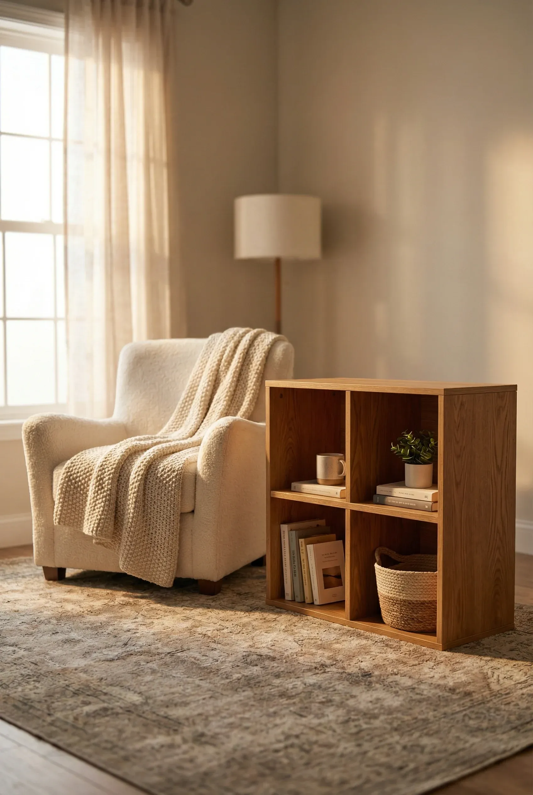 Small cube bookshelf beside a cozy reading chair with warm golden-hour light.