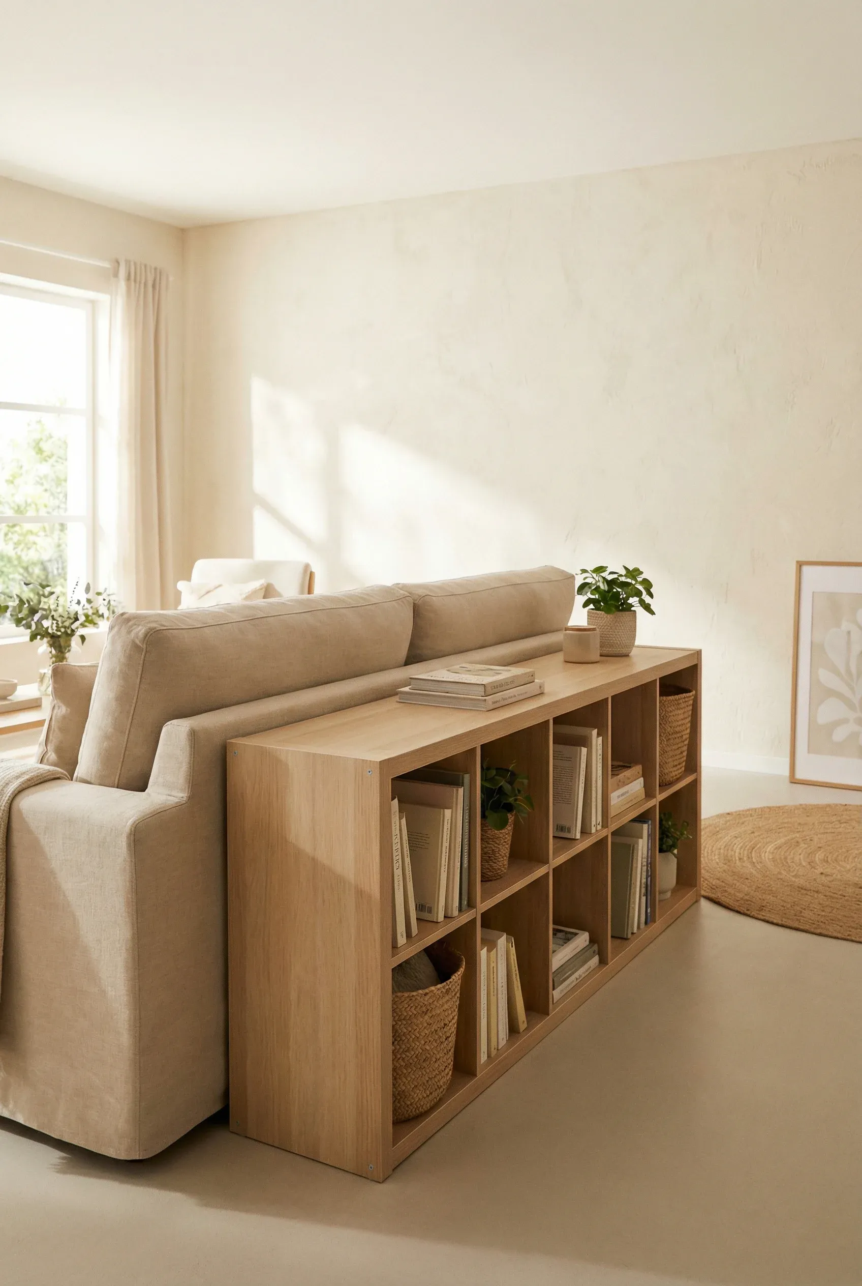 Short console bookshelf placed behind a sofa with soft natural lighting in a small living room.