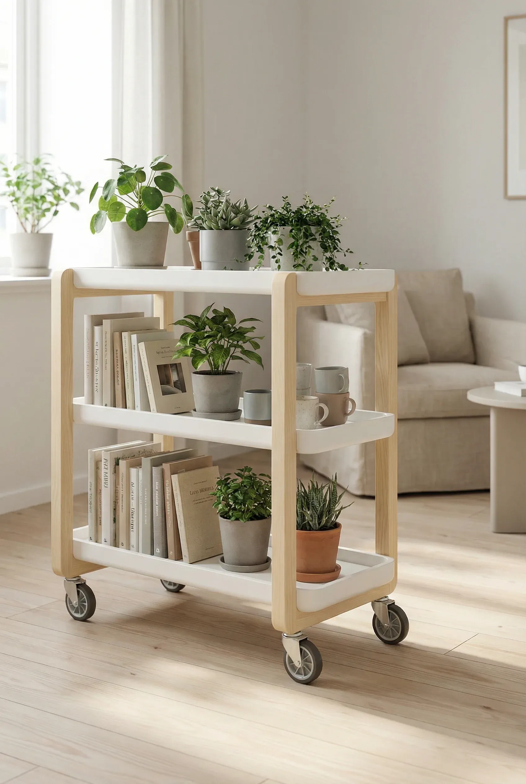 Small rolling bookshelf in a bright compact room, showcasing its wheels and lightweight design.