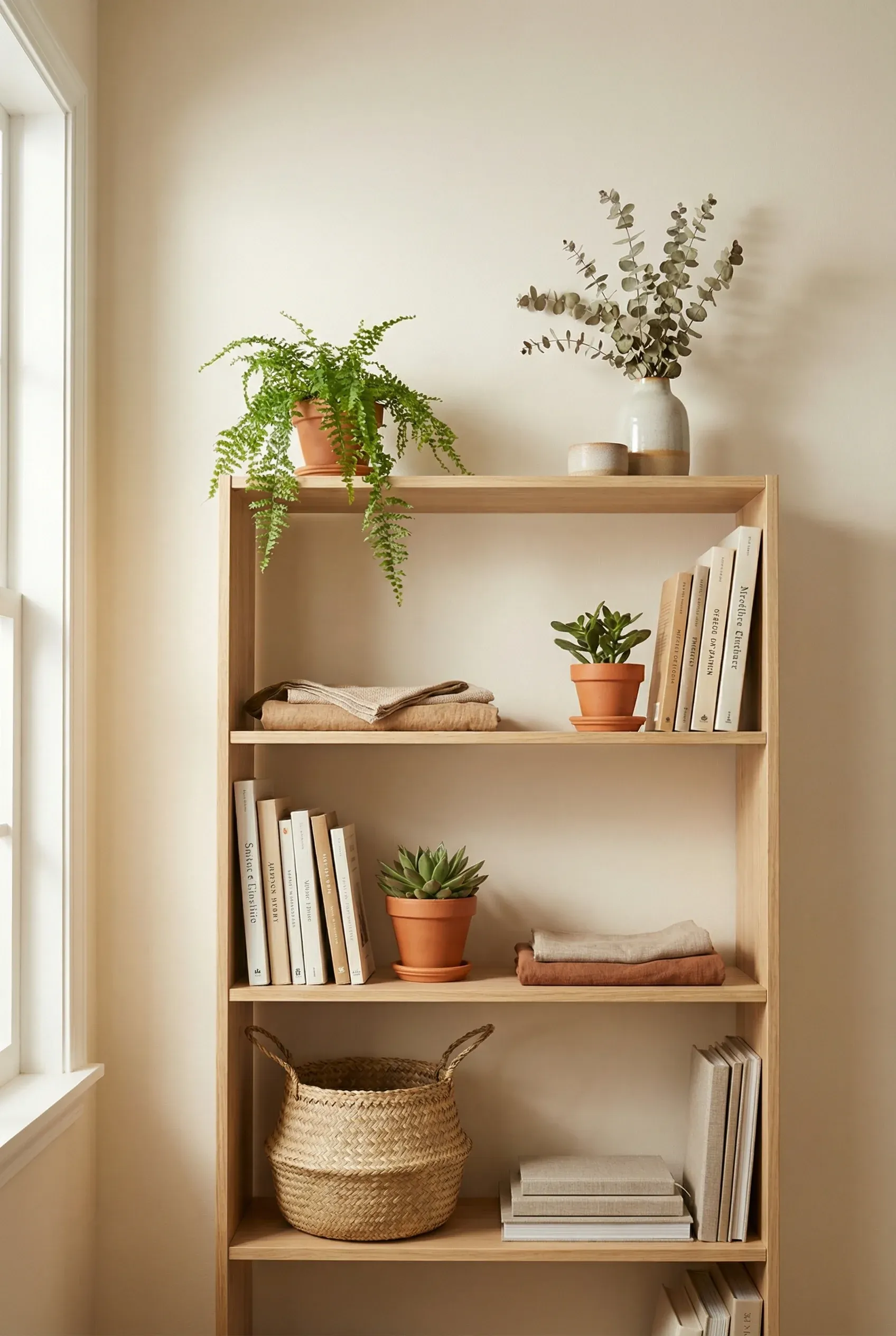 Simple bookshelf decorated with books, small plants, and natural textured items in soft daylight.
