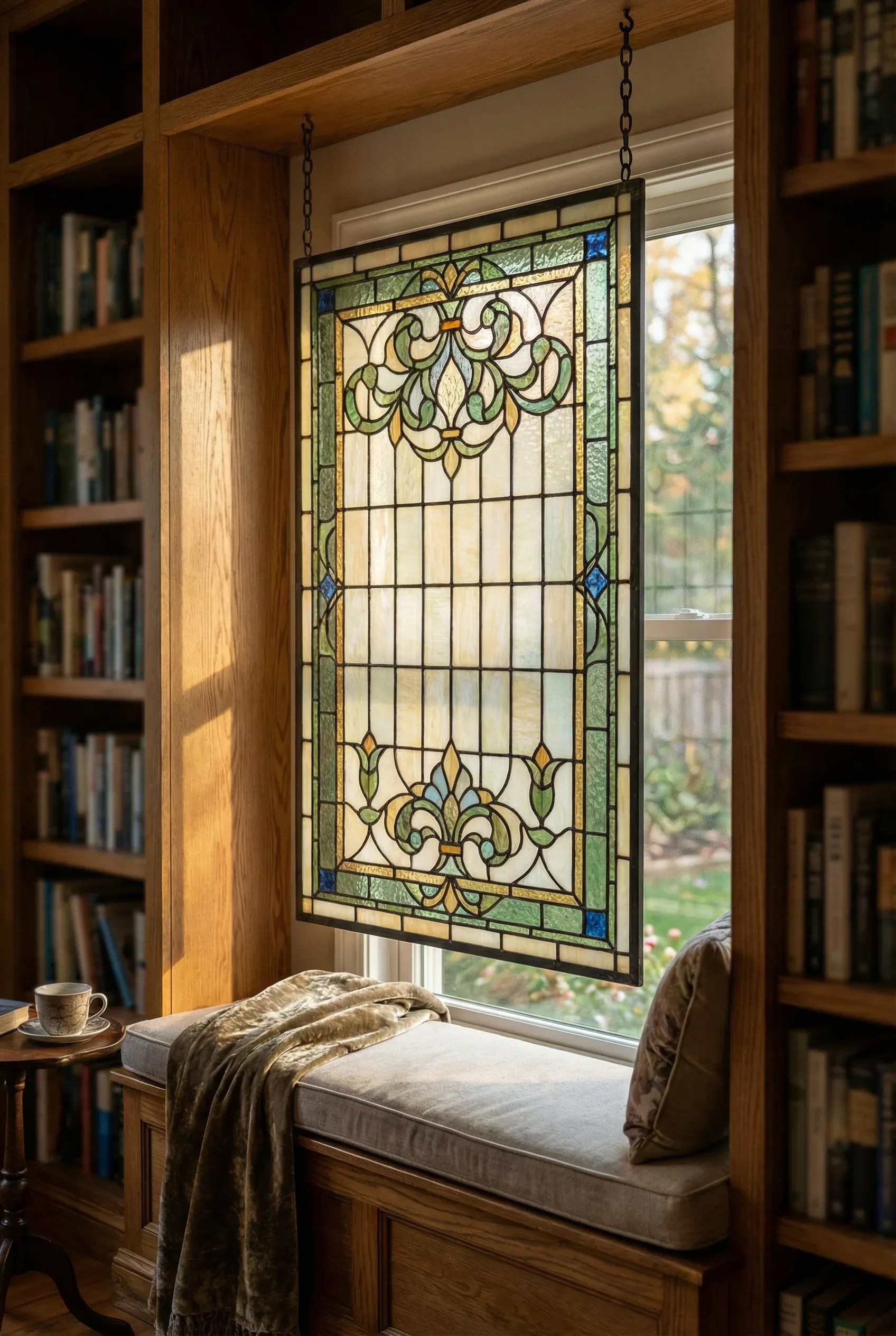 Tiffany-style stained glass panel glowing above a cozy reading nook with warm natural light.