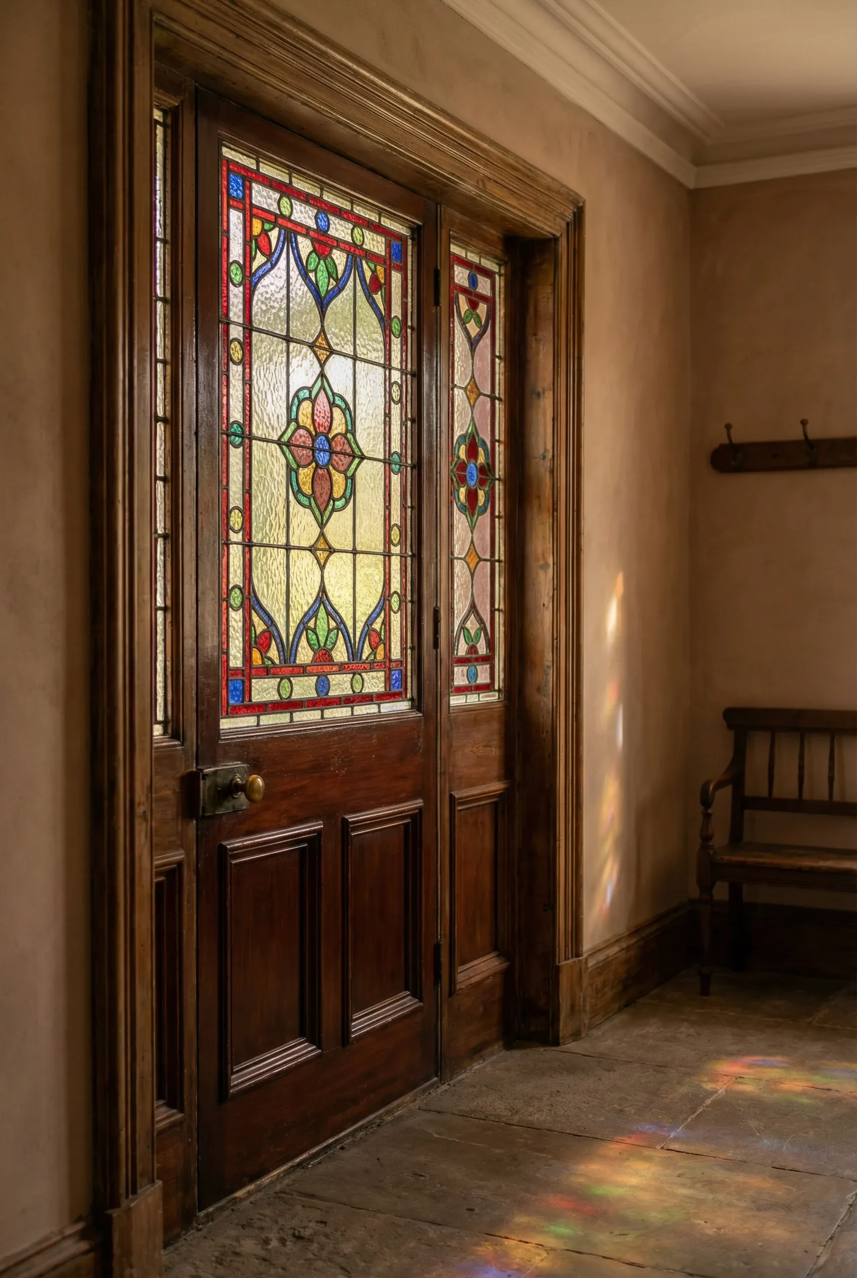 Victorian stained glass window casting rich tones across a traditional wood-trimmed entryway.