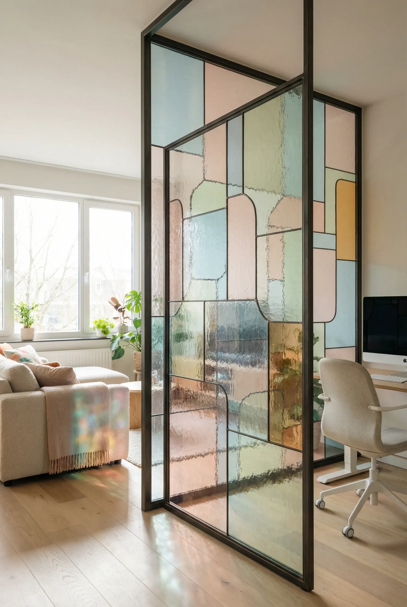 Stained glass room divider with soft geometric colors separating a bright open living space.