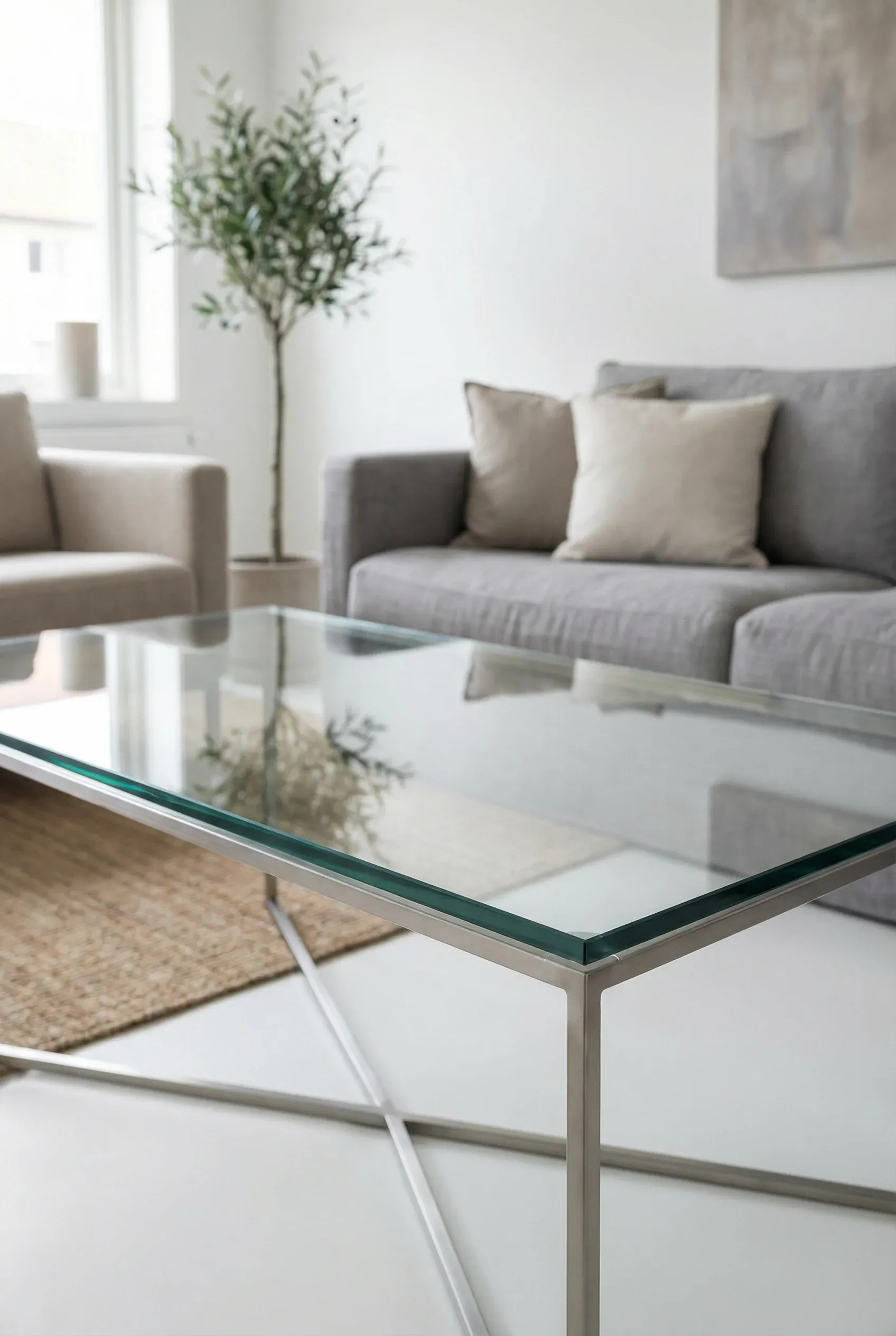 Minimal glass coffee table with a slim metal base in a bright, airy living room.
