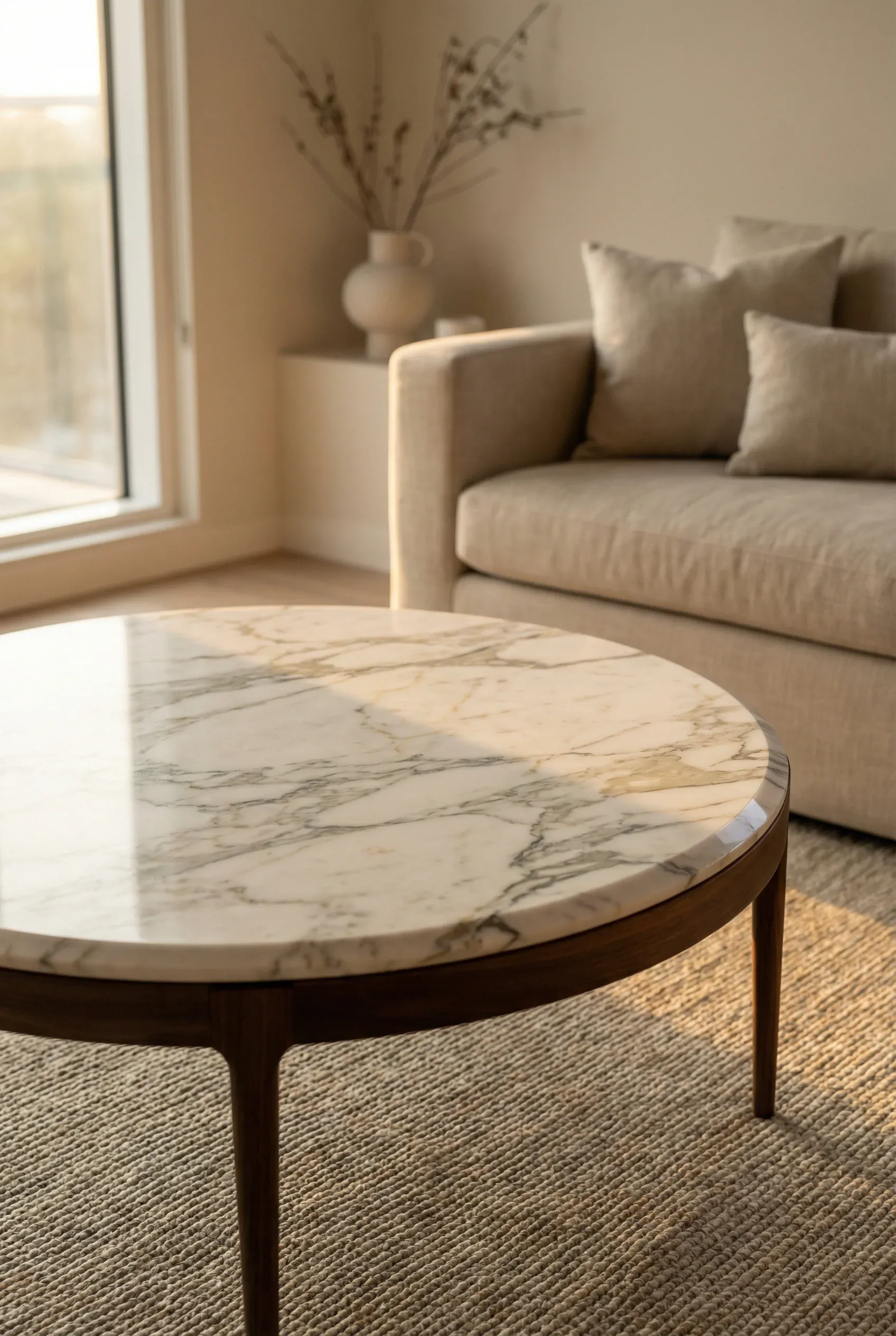 Smooth-edged marble-top coffee table in a neutral modern living room with soft lighting.