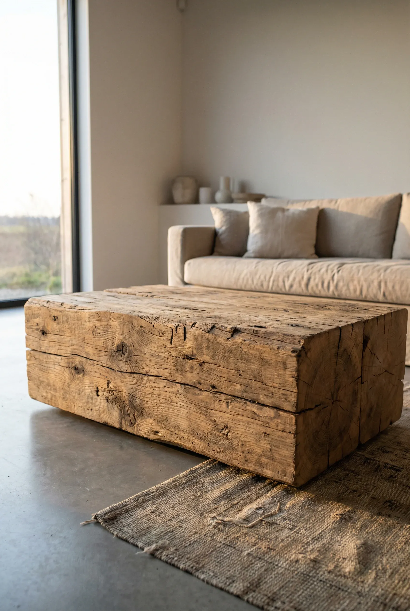 Rustic reclaimed wood block coffee table with weathered texture in a warm modern room.