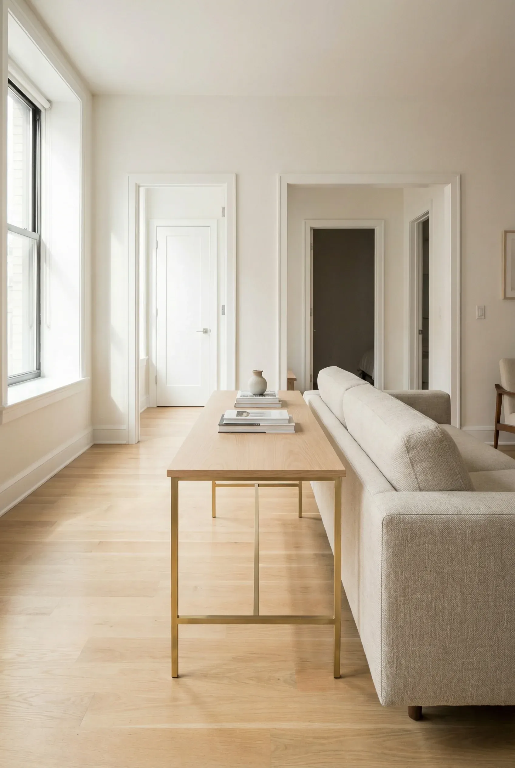 Slim rectangular coffee table placed beside a long sofa in a bright, narrow living room.